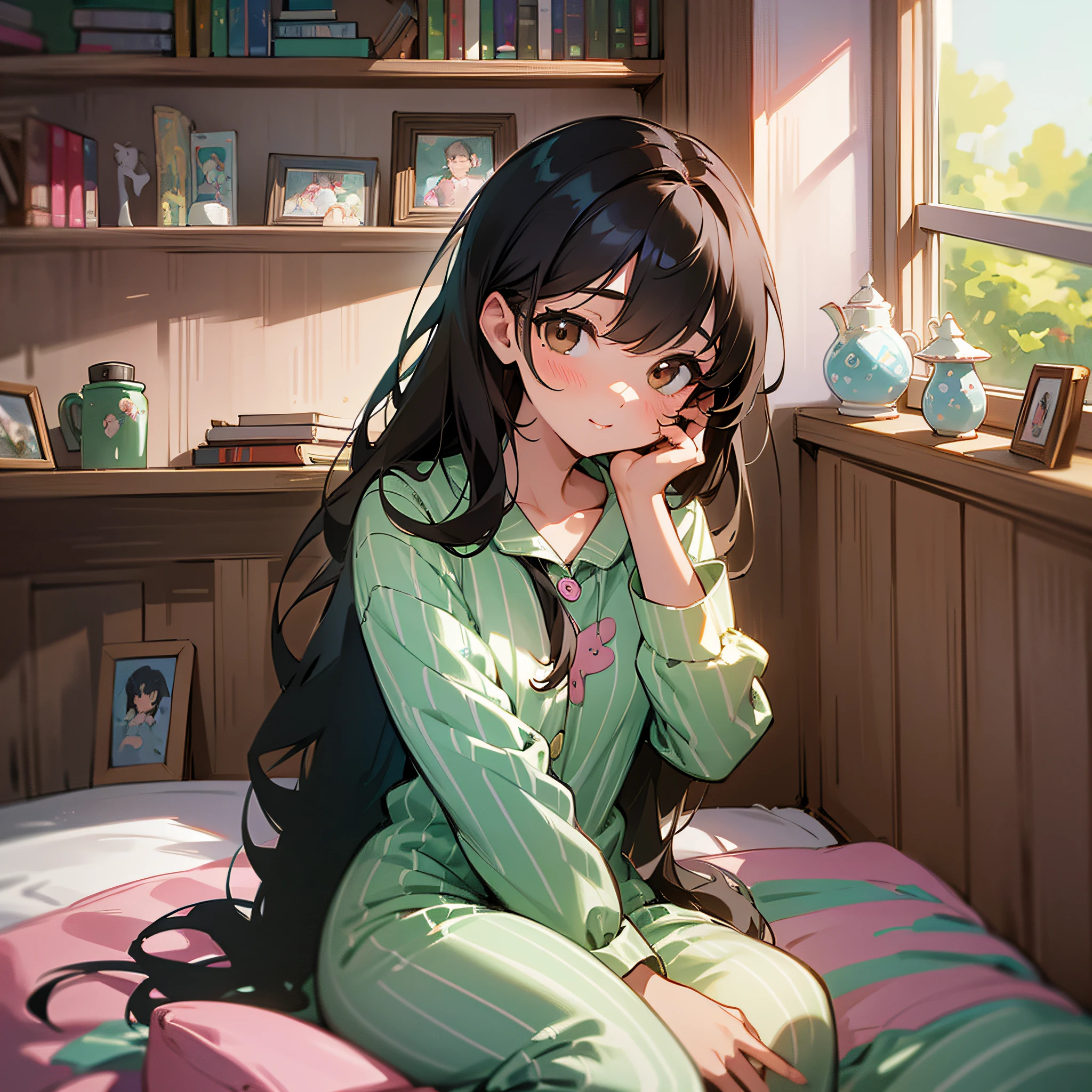 An adorable little girl sitting on the bed staring out the window, beautiful colors coming out of her window. curious, cheerful, kind eyes. brown eyes. black hair. long hair. very white skin. a sign from under the left eye. green striped pajamas. Pink bedroom wall, shelves with books, books, a picture hanging on the wall. ( not sexualize the girl). The illustration is in high definition in 4k resolution, with highly detailed facial features and cartoon-style visuals. --auto --s2