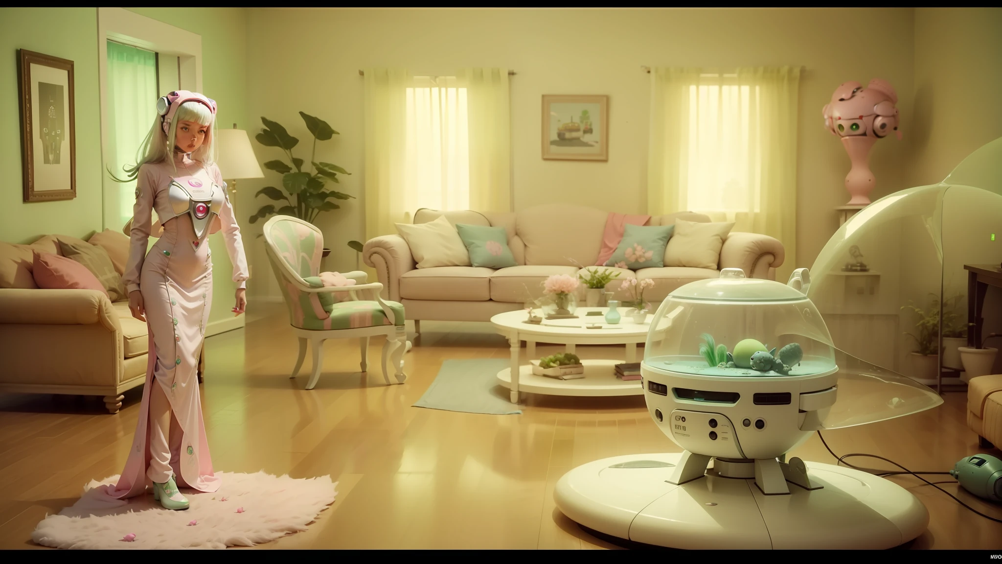 there is a woman standing in a living room with a fish tank, die antwoord music video, cute robot with grass hair, koons, kpop, photoreal epic composition, pink white and green, anthropomorphic dog cleaning, anamorphic, the mothership, cinematográfica, retrofuture, animation still screencap --auto --s2