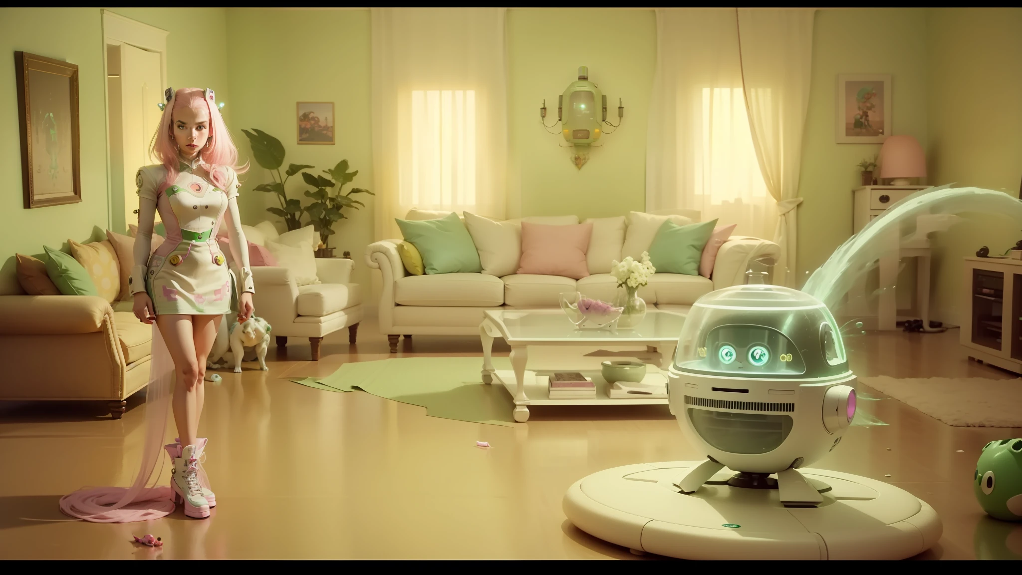 there is a woman standing in a living room with a fish tank, die antwoord music video, cute robot with grass hair, koons, kpop, photoreal epic composition, pink white and green, anthropomorphic dog cleaning, anamorphic, the mothership, cinematográfica, retrofuture, animation still screencap --auto --s2