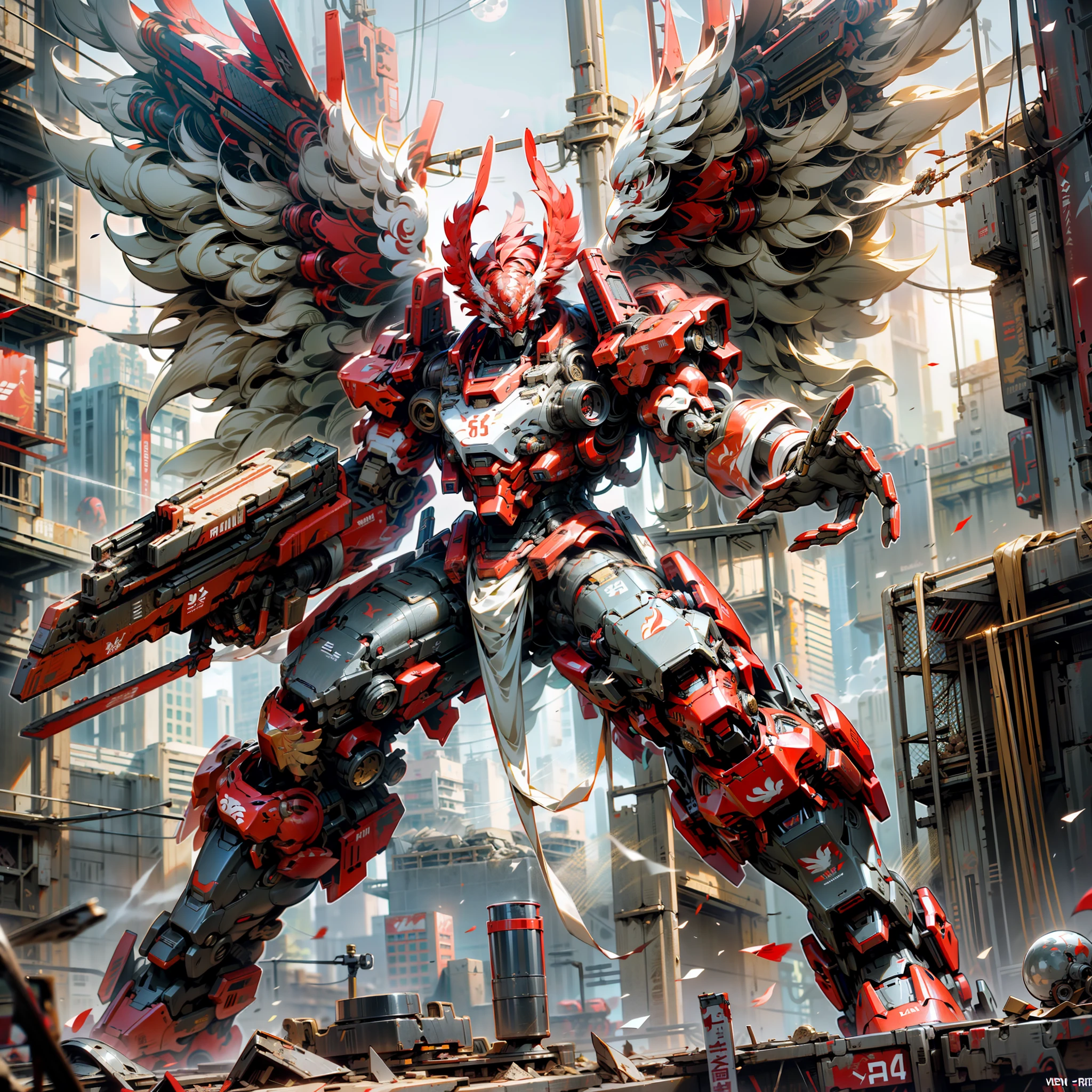 Red theme, phoenix mecha, head for rooster chicken head, mecha wings, cyberpunk, best quality, masterpiece, unmanned, full body, mechanical marvel, strong, moon, ruined city, highest quality digital art, stunning art, wallpaper 4k, highly detailed, military robot, army, war zone, dynamic lighting, movie, epic, damaged mechanical parts