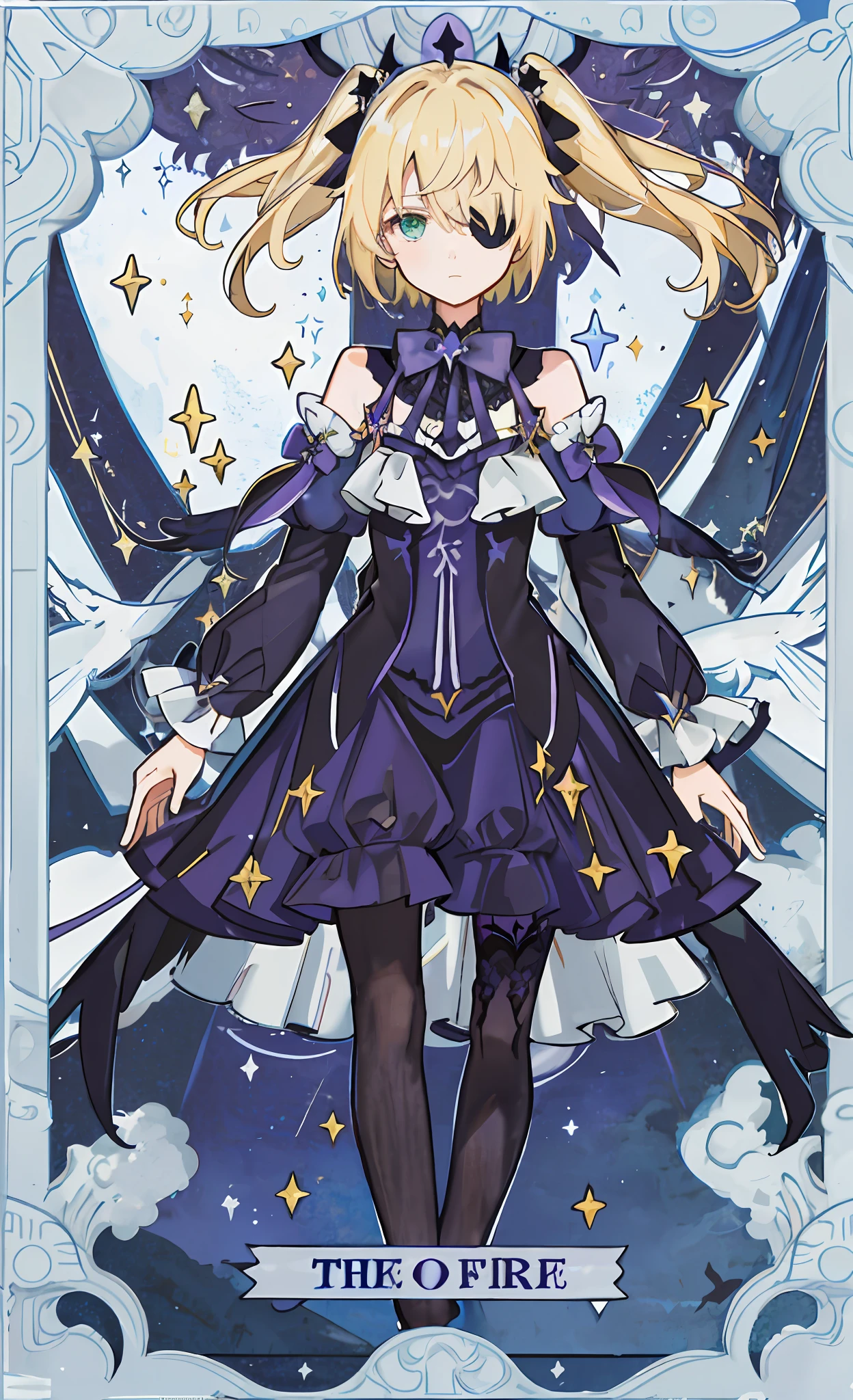 (Realistic painting style:0.9),(faux traditional media:1.0), masterpiece, best quality,bokeh, depth of field, tarot card, blond hair, 2 ponytails floating, dark purple gothic dress, dark lace collar, eyepatch, stars and moon, raven, ravens, night sky, sparkles, lace, ribbons, tarot card colden frame