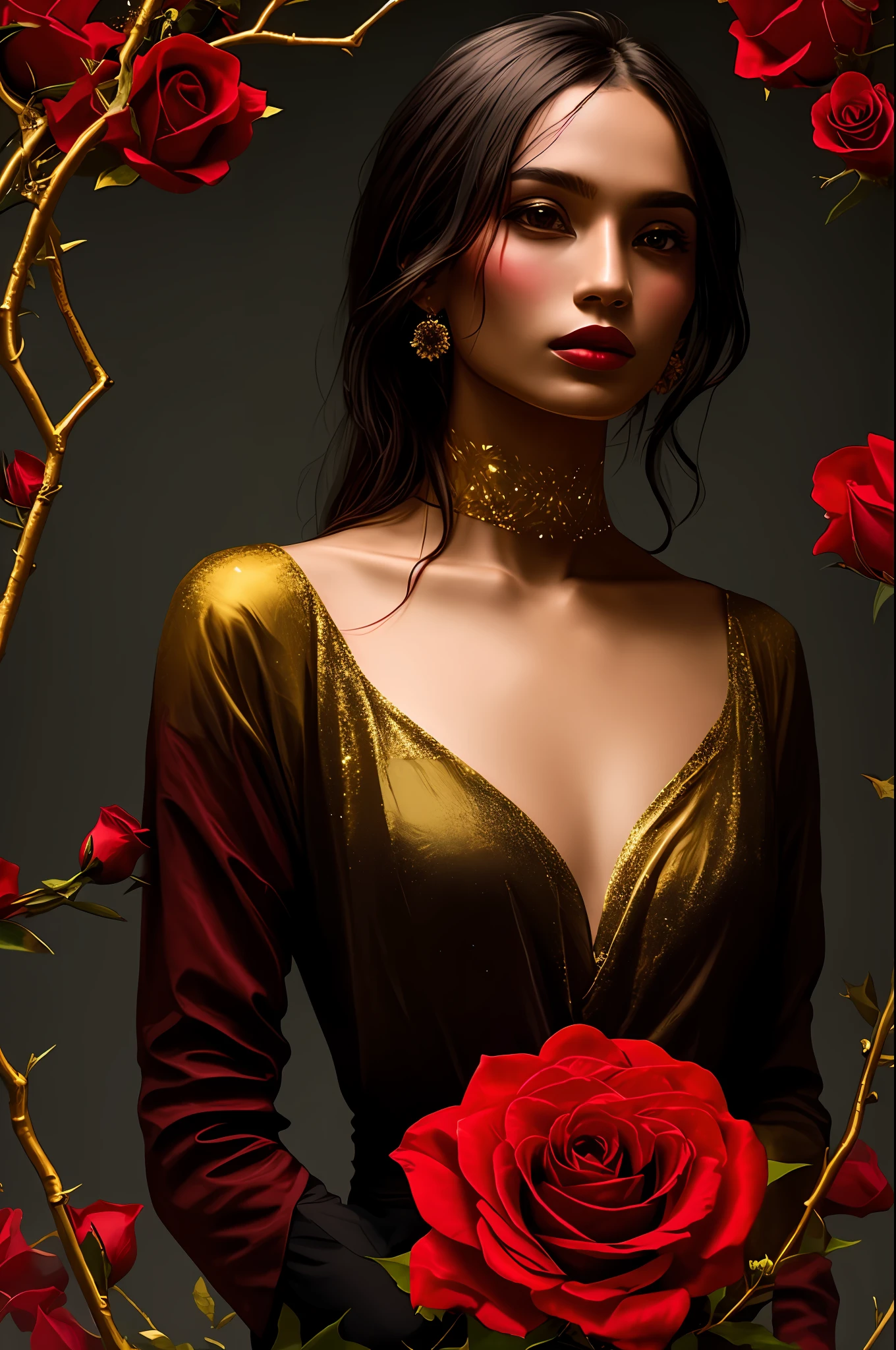 Woman wearing clothes with golden details in a dark setting, and red rose branches with thorns around her