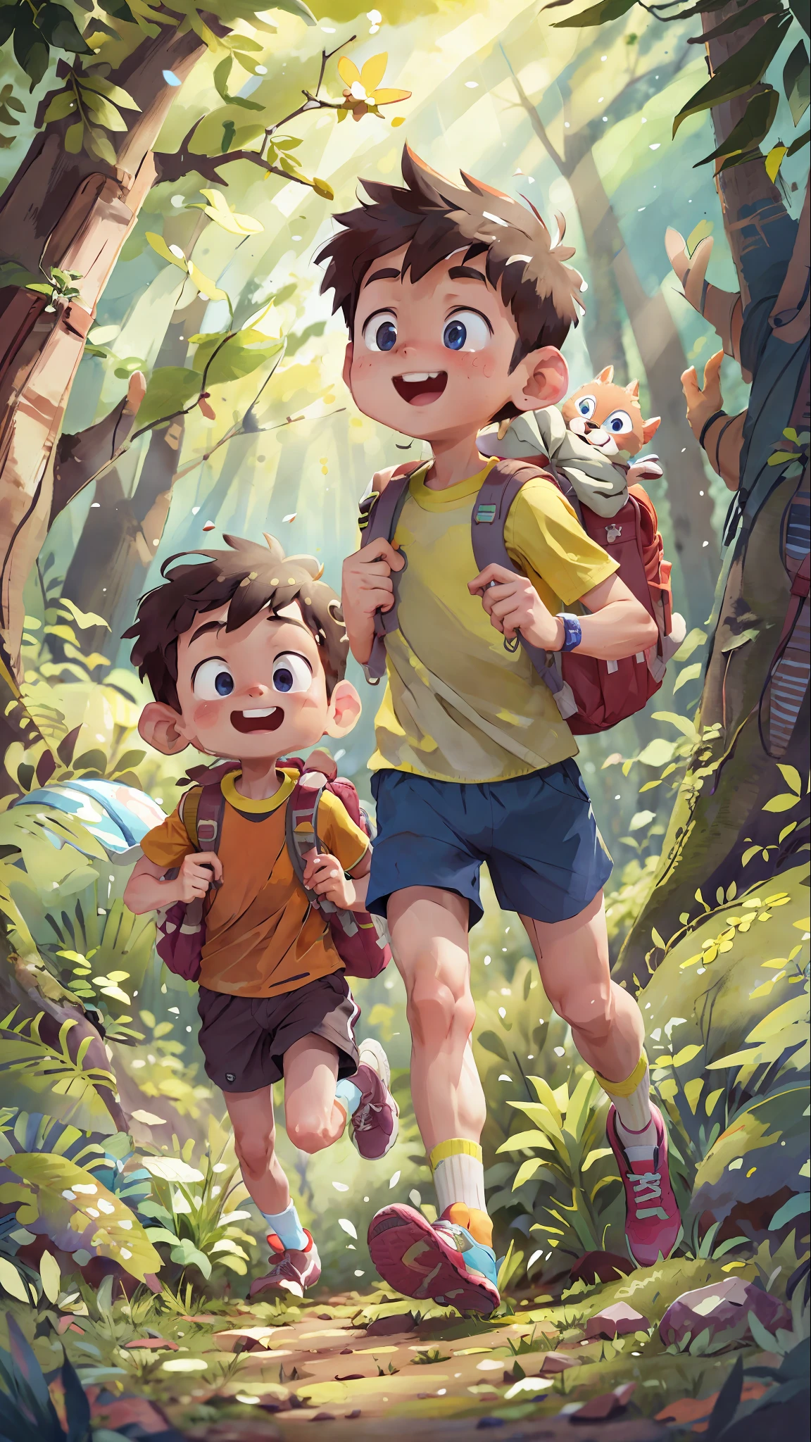 (SFW), two running boys, spring outing, happy, backpack on back, forest in the background, perfect quality, clear focus, colorful, perfect face, intricate details, ultra-low viewing angle, wide angle lens