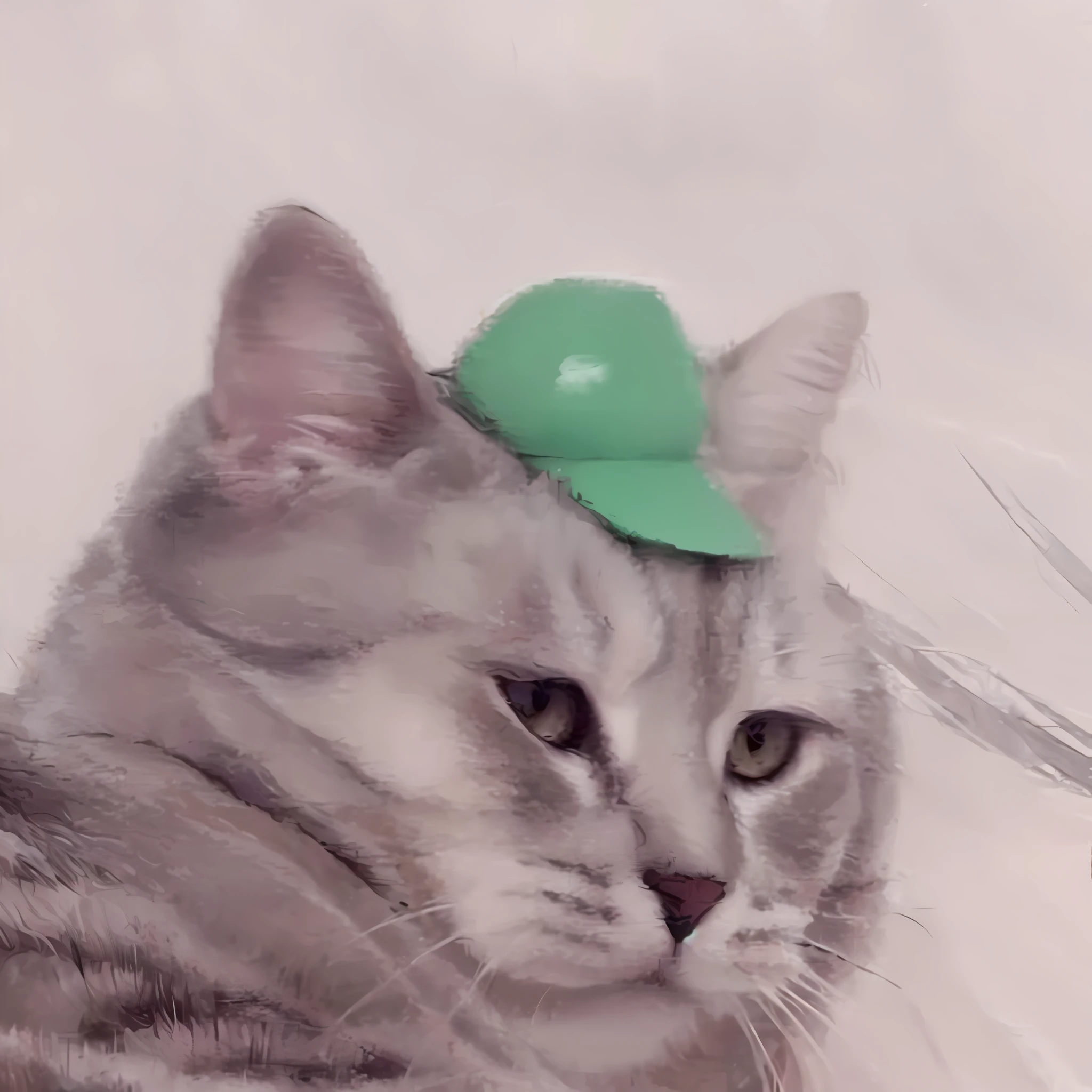 there is a cat with a green hat on its head, smol fluffy cat wearing smol hat, cat with a hat, he is wearing a hat, it's wearing a cute little hat, with a weird hat, animal wearing a hat, green hat, wearing green tophat, with hat, she is wearing a hat, wearing a cute hat, wears a destroyed hat