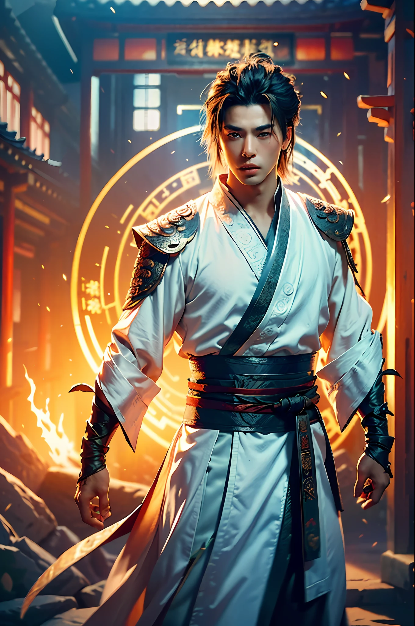 Best Quality, Masterpiece, Ultra High Resolution, (Realistic: 1.4), Xiuxian, Weapon, Detail Face, 1 Boy, Solo, Weapon, (Magic Circle: 1.2), Xiuxian, Upper Body, Beautiful Boy, ((((Varied Handsome)))), Full Body, East Asian Architecture, Sheath, Building,