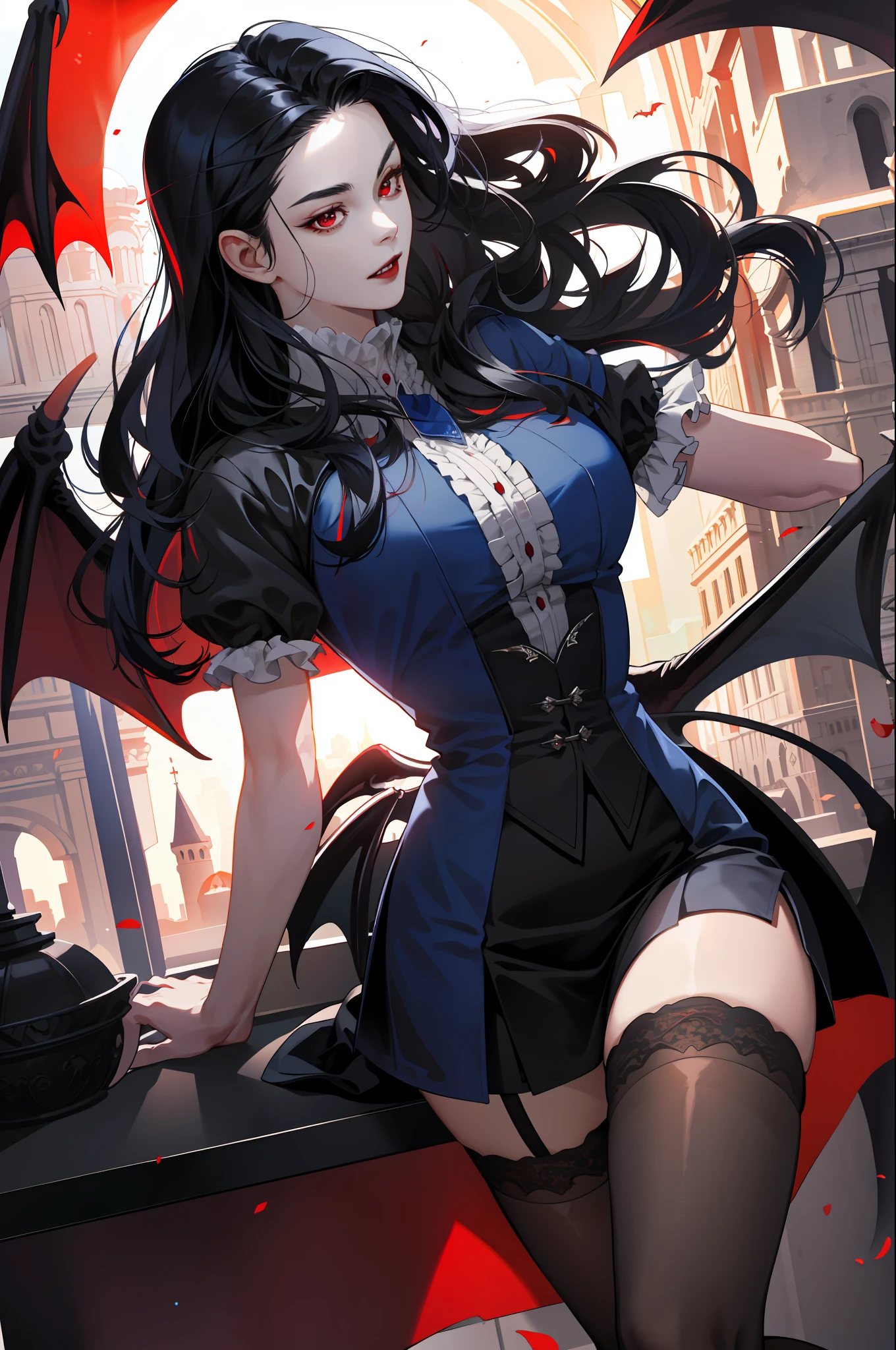 delicate and beautiful CG artwork),(best quality, ultra-detailed, high resolution),(dynamic angle, dynamic lighting),(2 character),(long blue black hair), red eyes, beautiful face),(black transparent stocking),(vampire) (long sideburns),
