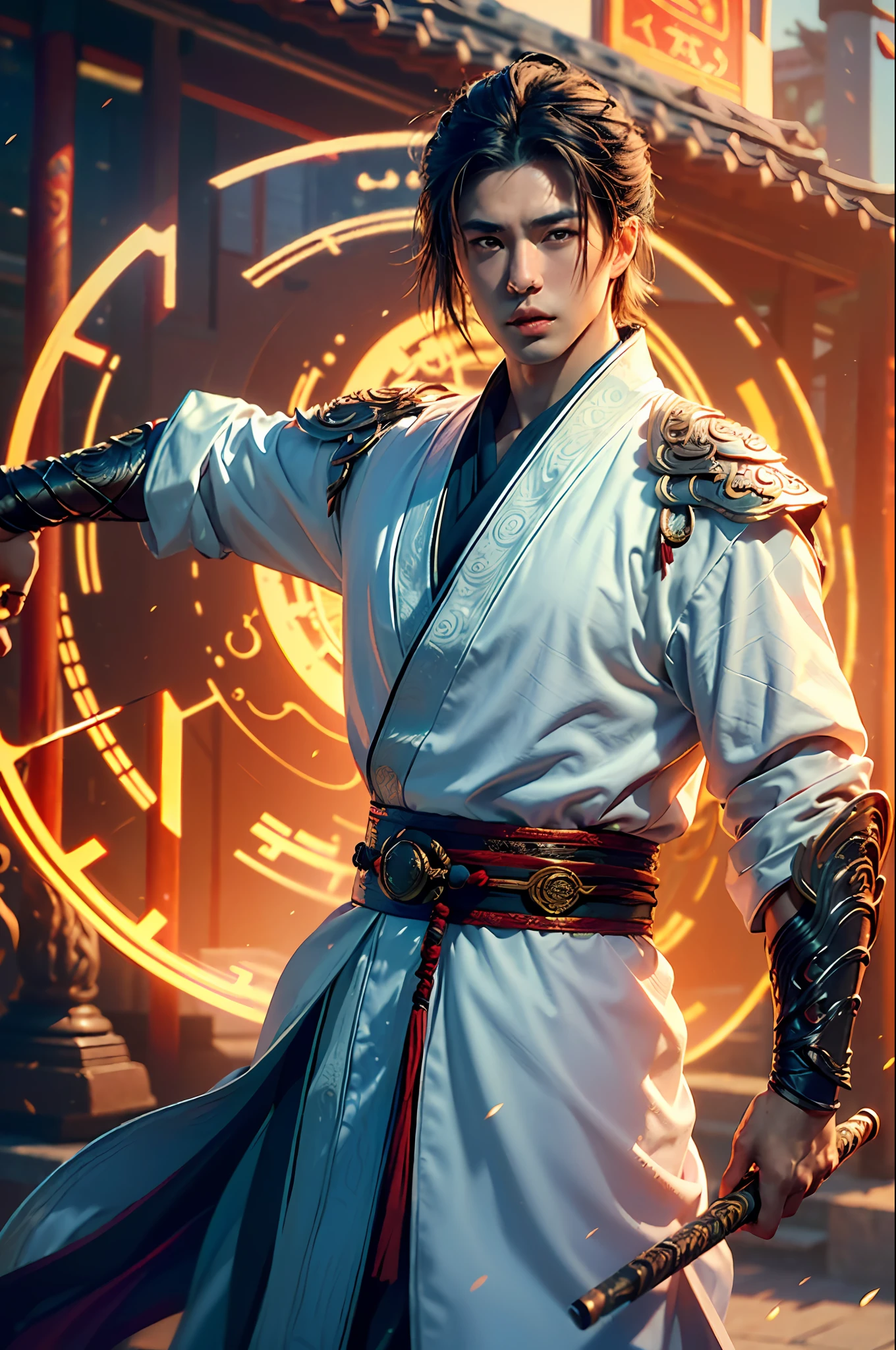 Best Quality, Masterpiece, Ultra High Resolution, (Realistic: 1.4), Xiuxian, Weapon, Detail Face, 1 Boy, Solo, Weapon, (Magic Circle: 1.2), Xiuxian, Upper Body, Beautiful Boy, ((((Varied Handsome)))), Full Body, East Asian Architecture, Sheath, Building,