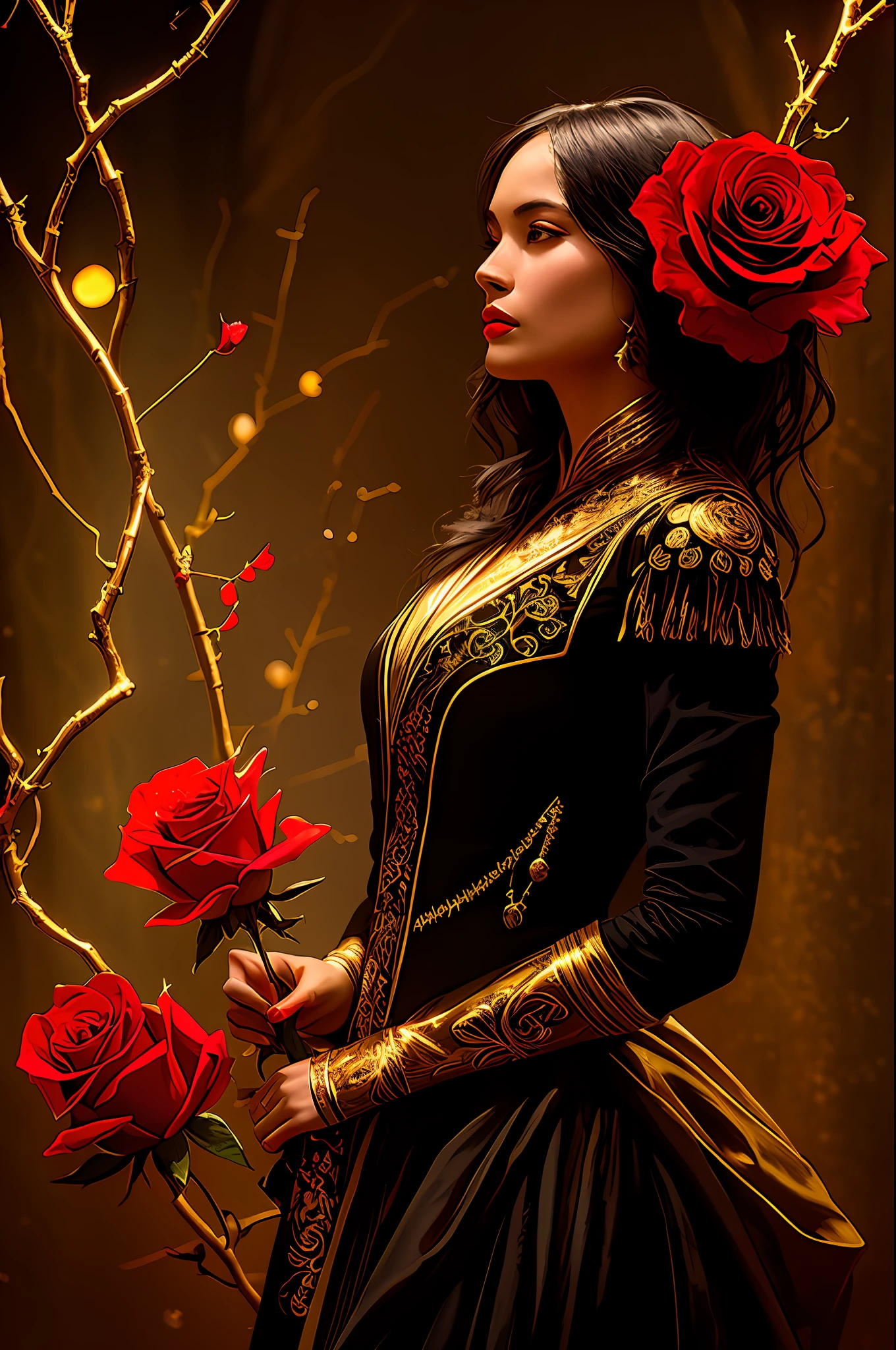 Woman wearing clothes with golden details in a dark setting, and red rose branches with thorns around her
