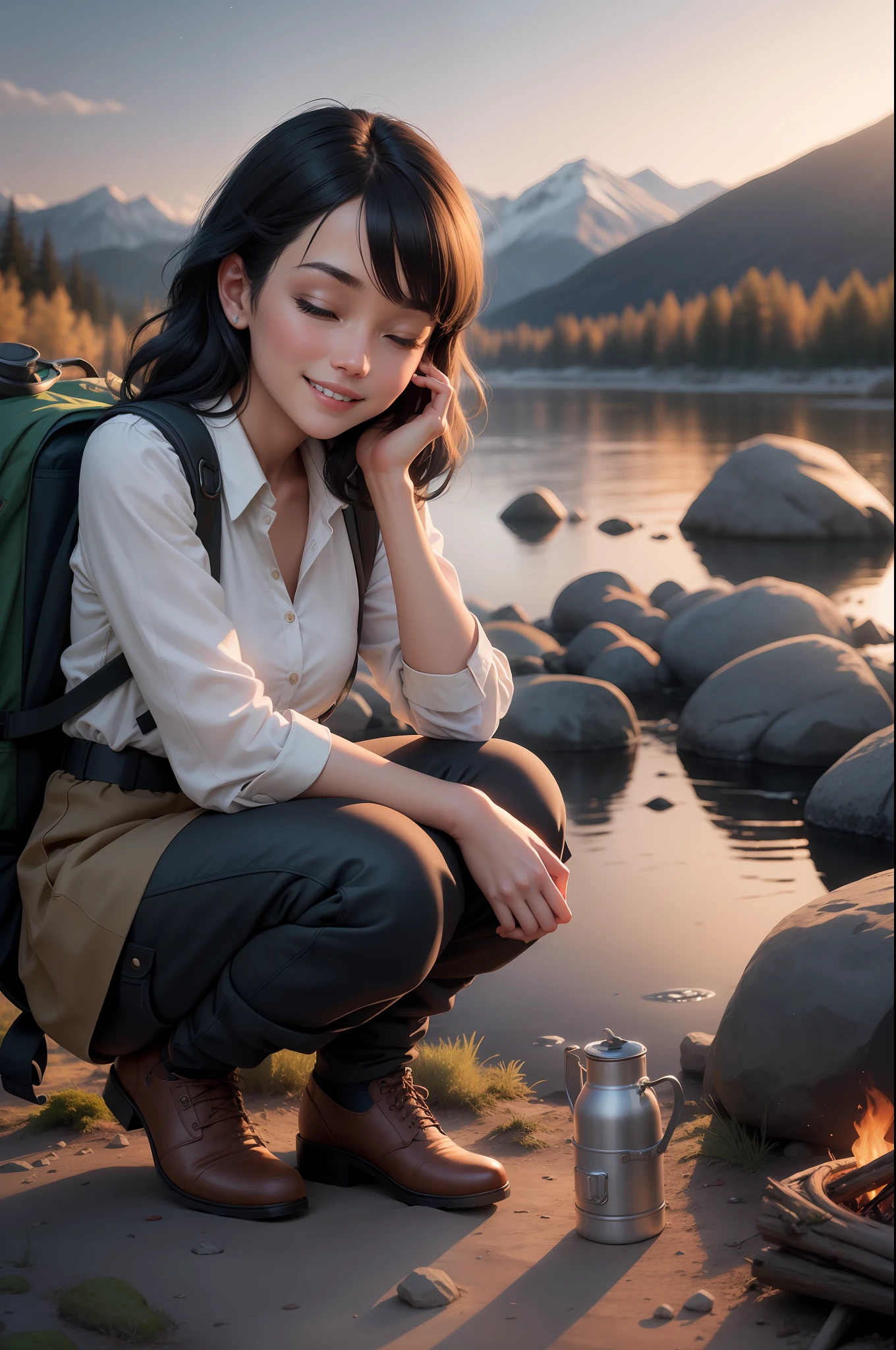 1 woman, black hair with blonde locks, skirt, cold blouse ((full body, crouching, smiling, happy)), masterpiece, best quality, perfect eyes, perfect hands, perfect legs, ultra-detailed, solo, outdoor, (sunset), mountains, nature, (stars, cloud) cheerful, happy, backpack, sleeping bag, camping stove, water bottle, tennis, gloves, flashlight, forest, stones, river, wood,  smoke, shadows, contrast, style, (warm hue, warm tone: 1.2), cinematic light, side lighting, ultra high resolution, best shade, RAW, wooden house, campfire