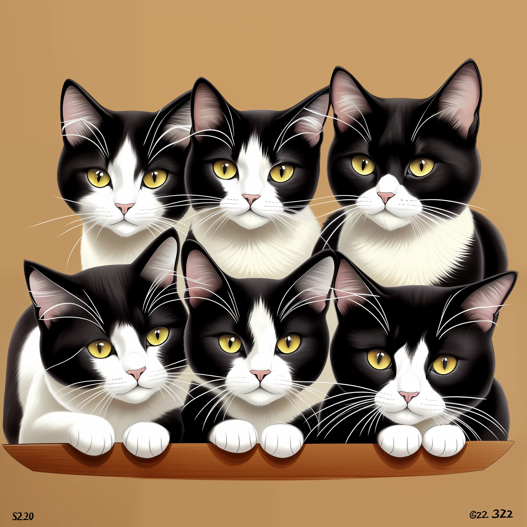 Draw 3 cats, the first black and white with black nose, the second black and white with black nose and the third beige --auto --s2