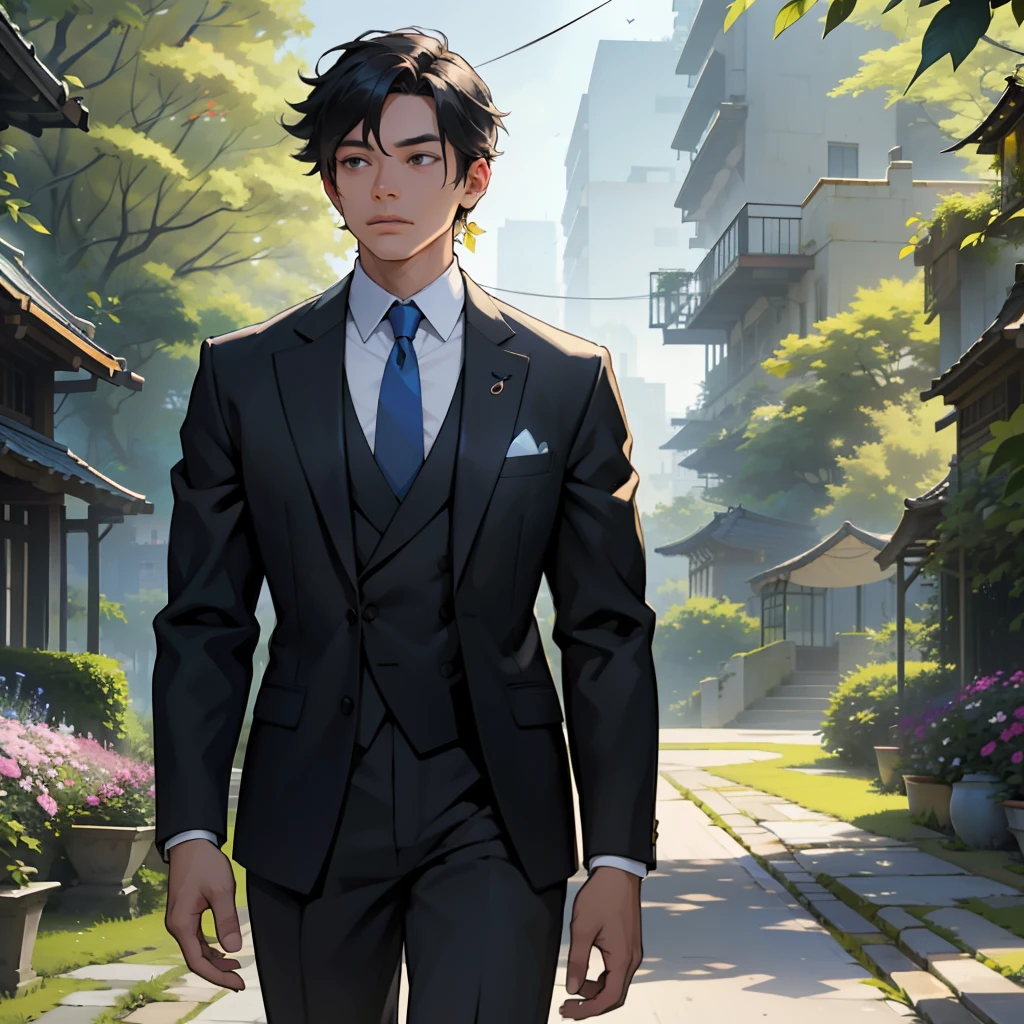 (hierrealism), (high resolution), In the scene, we see a man dressed in formal attire, holding a briefcase, but with a serene and determined look on his face. It is in an urban environment, surrounded by skyscrapers and a bustle typical of urban life. However, in front of him, there is a striking contrast. A verdant path opens, with tall, leafy trees rising toward the blue sky. The winding path is surrounded by shrubs and colorful flowers, exuding a soft aroma. The executive is about to take the first steps on this path of nature. He is barefoot, symbolizing disconnection with the material world and the desire to connect with the earth. As he progresses, he leaves behind the chaotic urban environment and approaches the serenity and tranquility that nature offers. Sunlight shines brightly on the path, highlighting every leaf, every flower, and every detail of the surrounding vegetation. Birds sing merrily in a natural symphony, and colorful butterflies dance in the air. The executive extends his arms, absorbing the energy and vitality that nature offers. Her face reflects gratitude and admiration as she observes the beauty around her. He realizes that nature is a source of inspiration, healing, and renewal, something he needs to find balance in his hectic life. This image conveys the message that even in the busy and stressful life, it is possible to find a moment of pause and reconnection with nature. It reminds us of the importance of taking care of our physical, mental, and spiritual health, and how nature can play a key role in this process. 8k --auto --s2