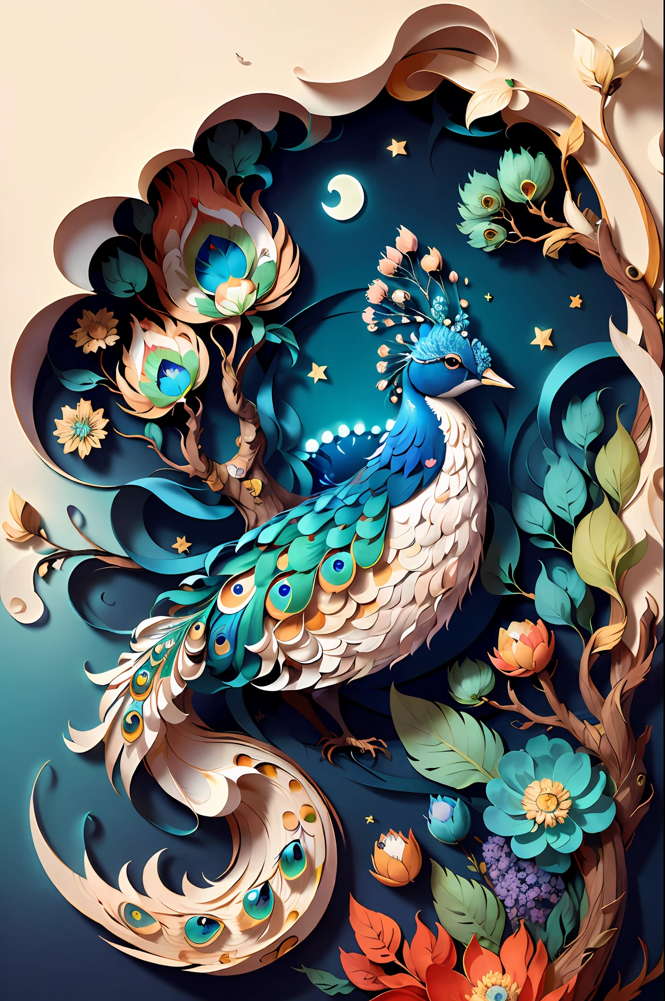 (((masterpiece))),bestquality,illustration,beautifuldetailedglow,
paper_cut, Peacock, tree,moon,