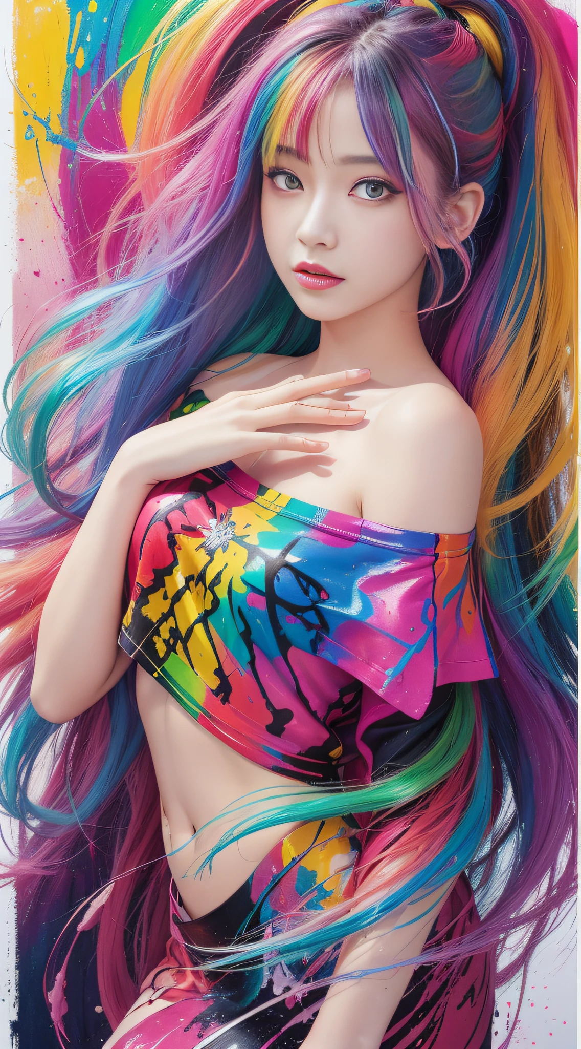 RAW, Masterpiece, Super Fine Photo, Best Quality, Ultra High Resolution, Photorealistic Photorealism, (Full Body Portrait), Straight Face to Lens, (Pink Fashion T-Shirt: 1.9), (Colorful Hair: 1.8), (Rainbow All Colors: 1.8), (((Vertical Painting: 1.6))), (Painting: 1.6), Front, Manga, Illustration, Painting, Big Eyes, Crystal Clear, (Rainbow Gradient High Ponytail: 1.7), Delicate Makeup, Shut Up, (Small Fresh: 1.5), (Bandeau: 1.6), Long eyelashes, white shoulder T- shirt, White Shoulder Shirt, looking at the audience, big watery eyes, (rainbow hair: 1.6), color splash, (solo:1.8), color splash, color explosion, colour splash, color explosion, thick lacquer style, messy lines, ((shining)), ( colorful), (colorful), (colorful), colorful, Thick Paint Style, (Splash) (Color Splash), Vertical Painting, Upper Body, Paint Splash, Acrylic Pigment, Gradient, Paint, Highest Image Quality, Highest Quality, Masterpiece, Solo, Depth of Field, Face Paint, colorful clothes, (Elegance: 1.2), Gorgeous, Long hair, Wind, (Elegance: 1.3), (Petals: 1.4), (((Masterpiece))), ((Best Quality))), (Ultra Detailed)), (Illustration), (Dynamic Angle), ((Floating)), (Paint), ((loose hair)),(solo),(1girl), (detailed anima face))),