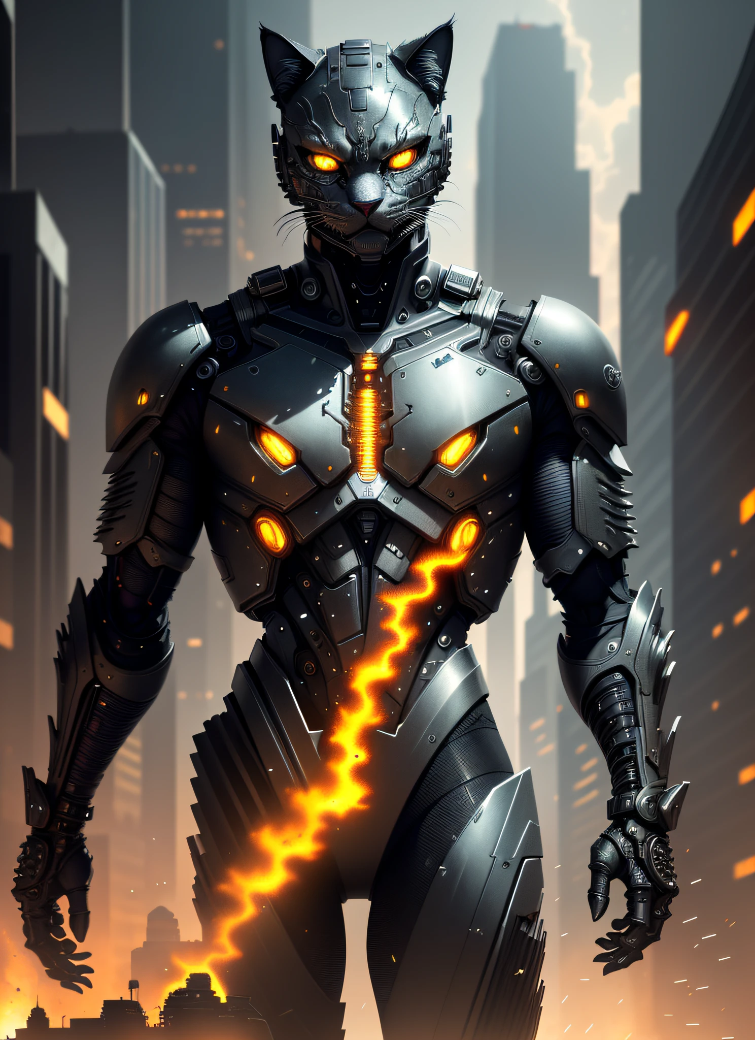 [feline terminator cyborg: 0.1] made of metal, cyborg, cyberpunk style, (((intricate details)), hdr, ((intricate details, hyperdetailed)), cinematic plan, vignette, best quality (futuristic city burning background), perspective, masterpiece, super detail, best quality