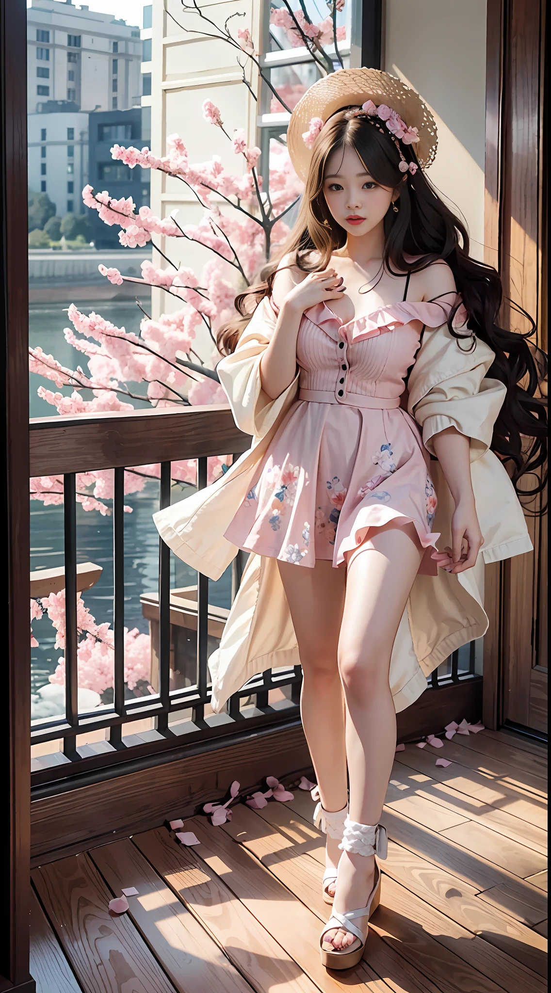 1 Girl Walking on the River, Mix 4, Sweater, Pillow, Lips, open_mouth, Realism, photo_\(Medium\), Solo, stuffed_animal, stuffed_toy, teddy_bear, (Masterpiece), (Realistic: 1.3), Ultra Detail, (High Detail Skin: 1.2), (Best Quality: 1.0), (Ultra High Resolution: 1.0), (Ulzzang-6500:0.3), Wavy Detail Hair, long hair, sunlight, (beautiful detail makeup), (sexual arousal blush heavy breath: 1.0), floral theme petals scattered, (soft glow flood: 0.5), full body, full body photo