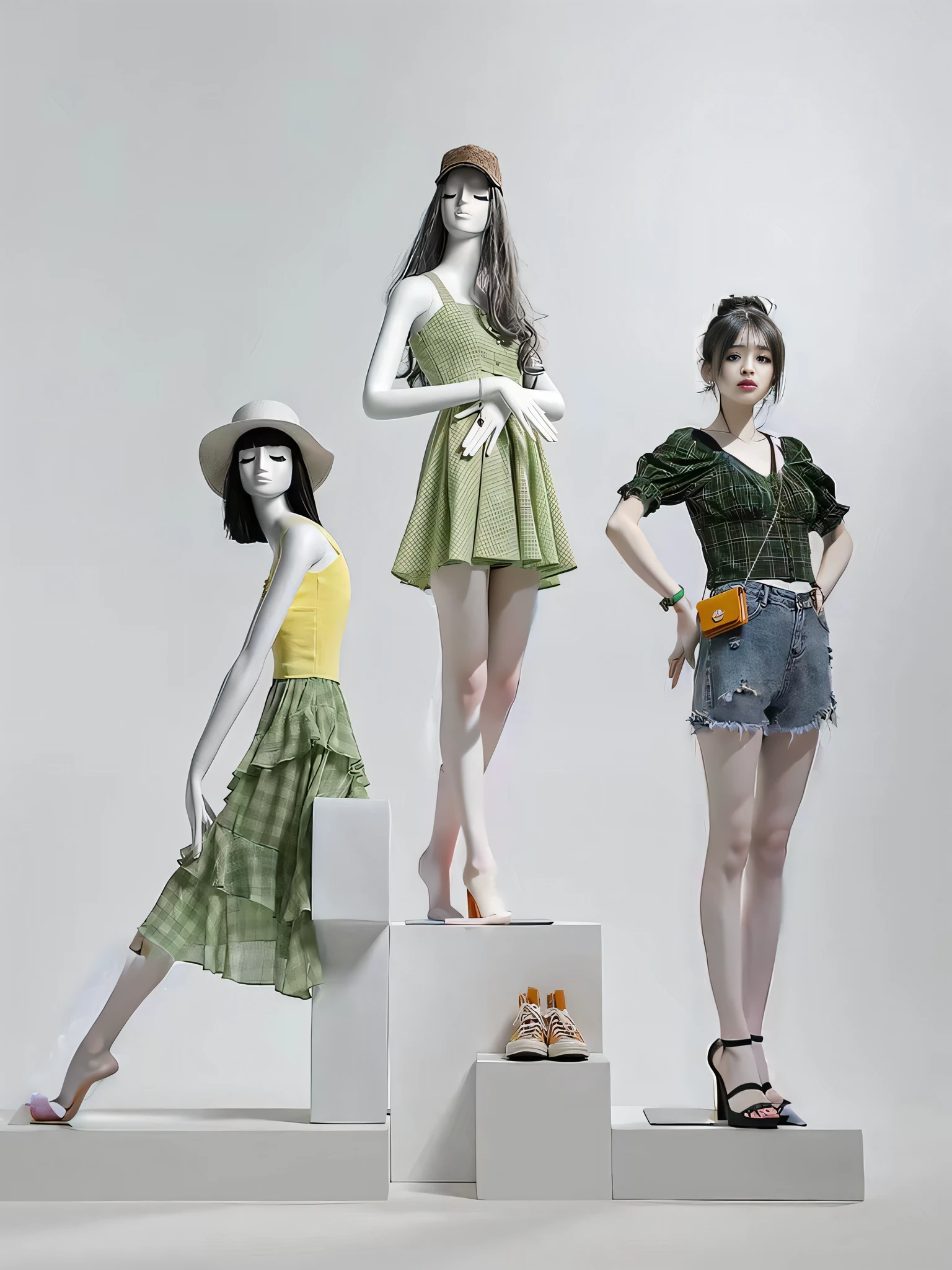 Chinese female model, clear facial features, beautiful facial features, fair skin, short black hair, sunglasses on her head