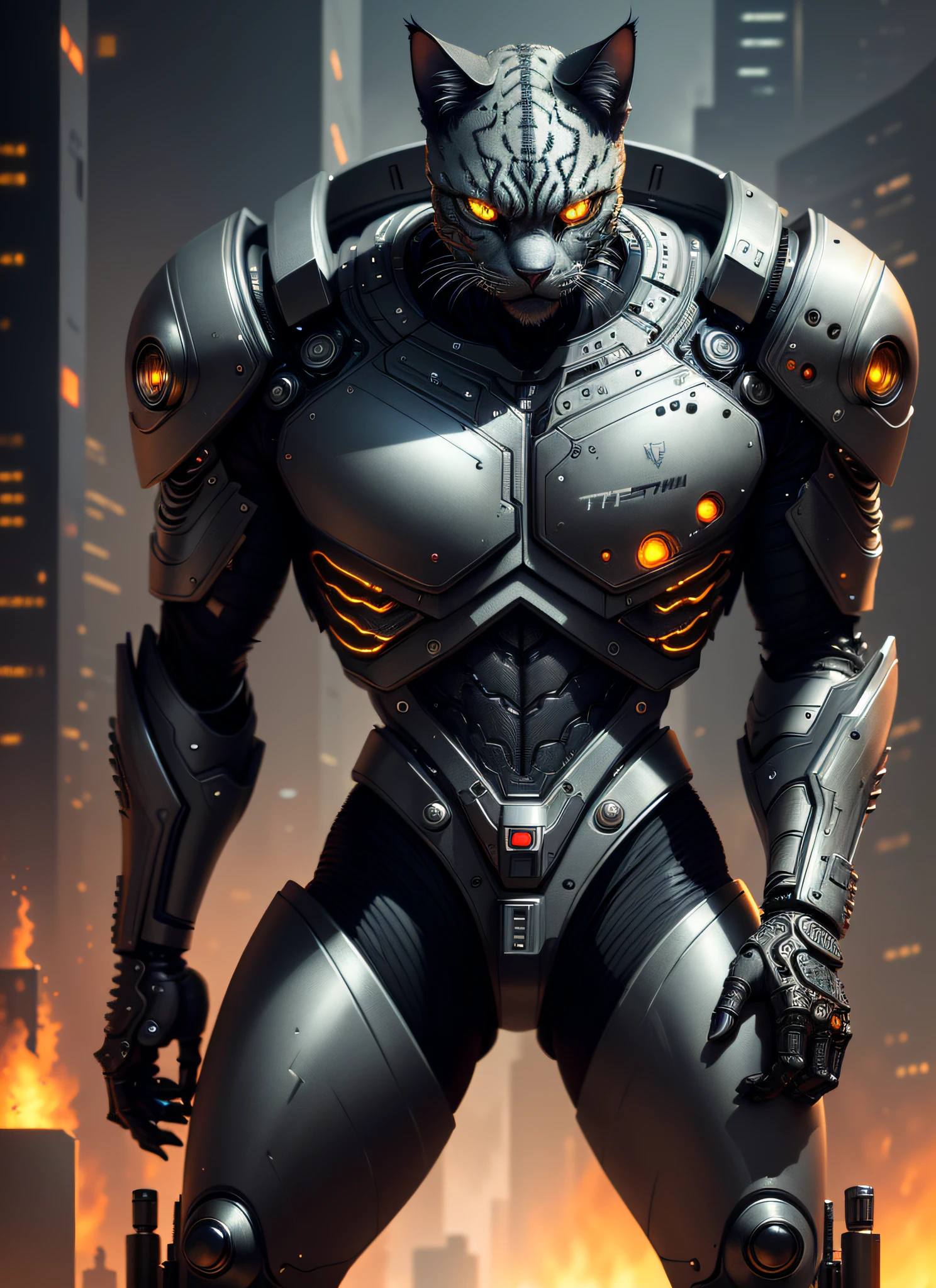 [feline terminator cyborg: 0.1] made of metal, cyborg, cyberpunk style, (((intricate details)), hdr, ((intricate details, hyperdetailed)), cinematic plan, vignette, best quality (futuristic city burning background), perspective, masterpiece, super detail, best quality
