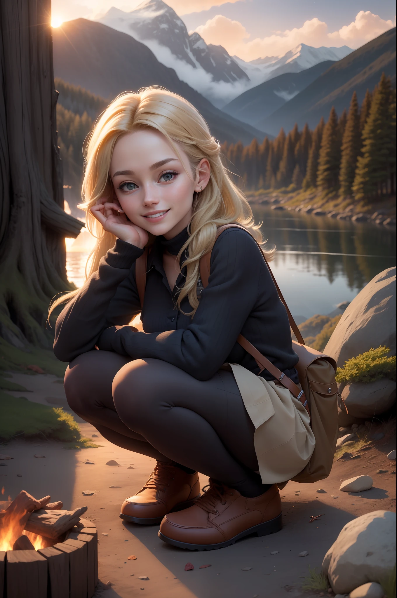 1 woman, dark hair with blonde locks, skirt, cold blouse ((full body, crouching, smiling, happy)), masterpiece, best quality, perfect eyes, perfect hands, perfect legs, ultra-detailed, solo, outdoor, (sunset), mountains, nature, (stars, cloud) cheerful, happy, backpack, sleeping bag, camping stove, water bottle, tennis, gloves, flashlight, forest, stones, river, wood,  smoke, shadows, contrast, style, (warm hue, warm tone: 1.2), cinematic light, side lighting, ultra high resolution, best shade, RAW, wooden house, campfire, wind, particles