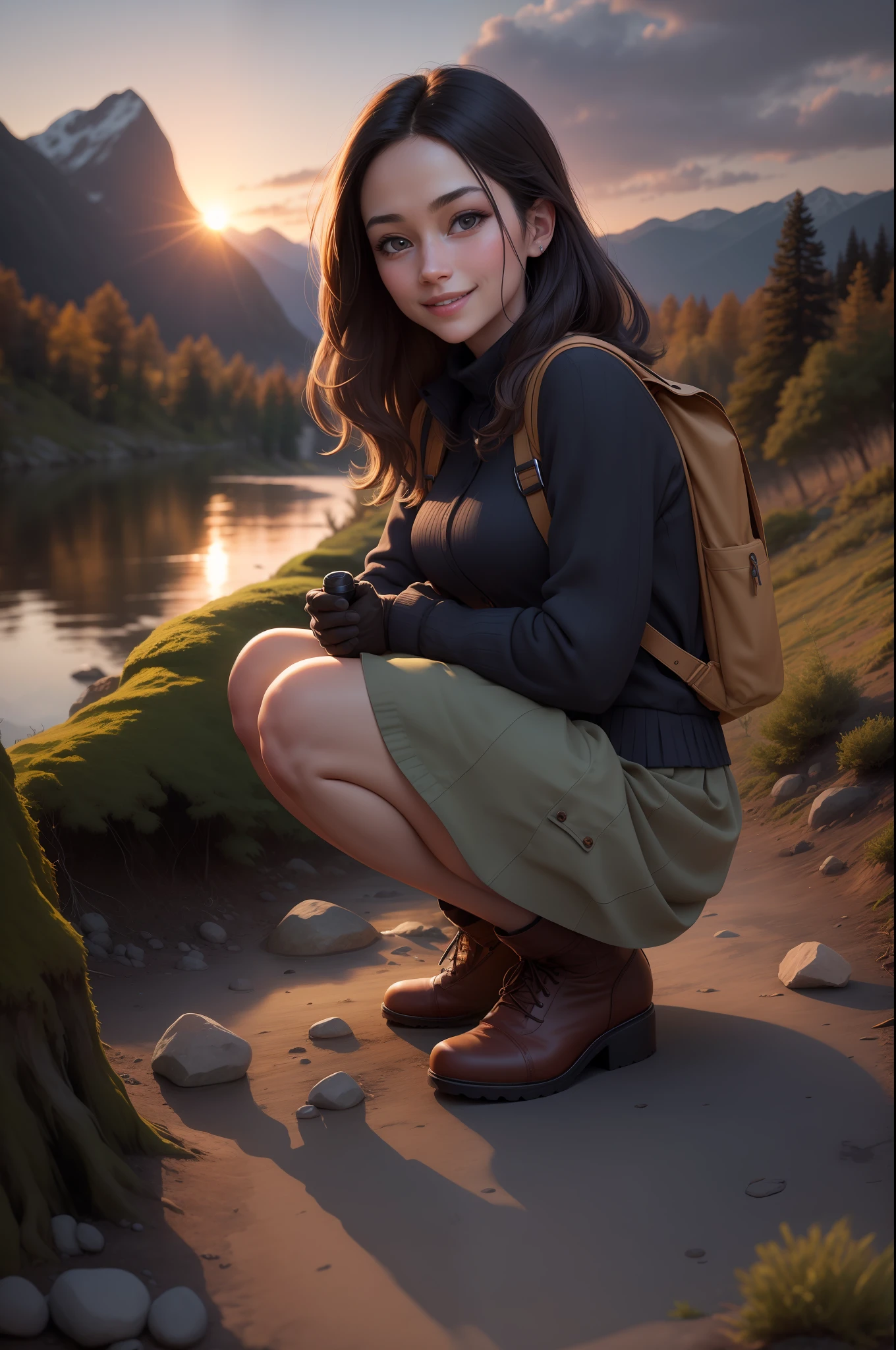 1 woman, dark hair with blonde locks, skirt, cold blouse ((full body, crouching, smiling, happy)), masterpiece, best quality, perfect eyes, perfect hands, perfect legs, ultra-detailed, solo, outdoor, (sunset), mountains, nature, (stars, cloud) cheerful, happy, backpack, sleeping bag, camping stove, water bottle, tennis, gloves, flashlight, forest, stones, river, wood,  smoke, shadows, contrast, style, (warm hue, warm tone: 1.2), cinematic light, side lighting, ultra high resolution, best shade, RAW, wooden house, campfire, wind, particles