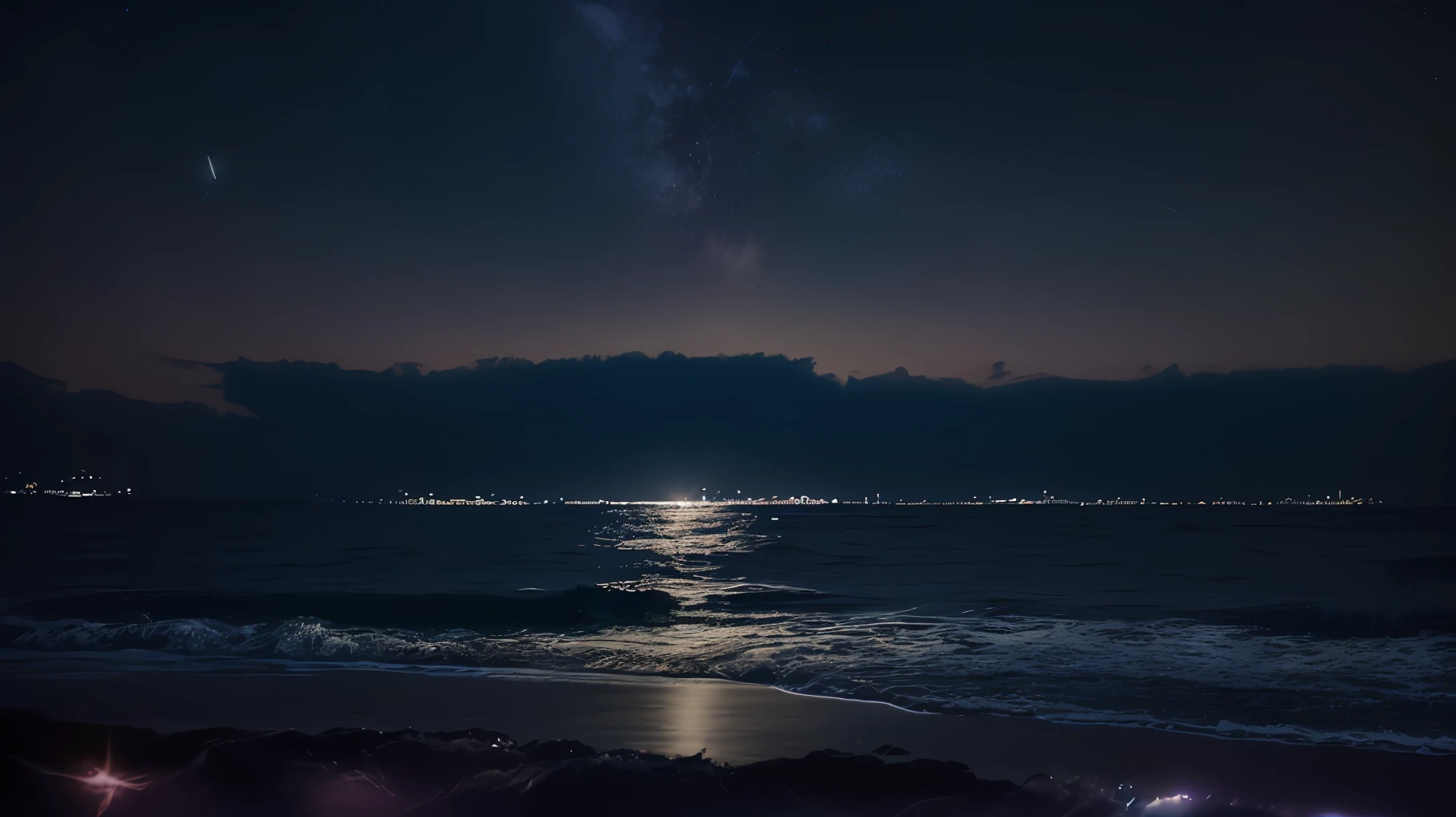 twilight sea, starry sky, shooting stars, (partially submerged shot), Enoshima, palm trees, beach, fluffy clouds in the sky, outrun, vaporware, ArtStation trend, highly detailed, fine detail, intricate, (lens flare: 0.9), (backlight: 0.9), (bloom: 0.9), [Style Micro::10]