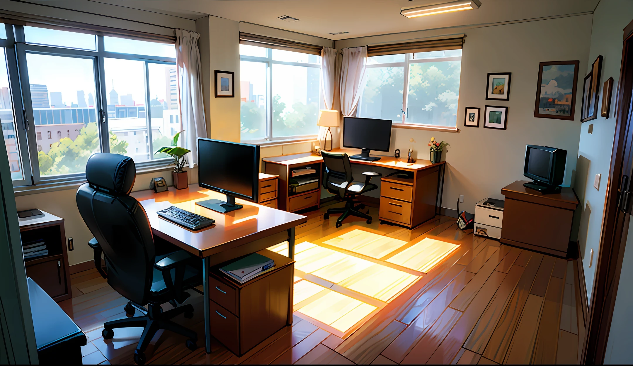 Living room, office desk, tv