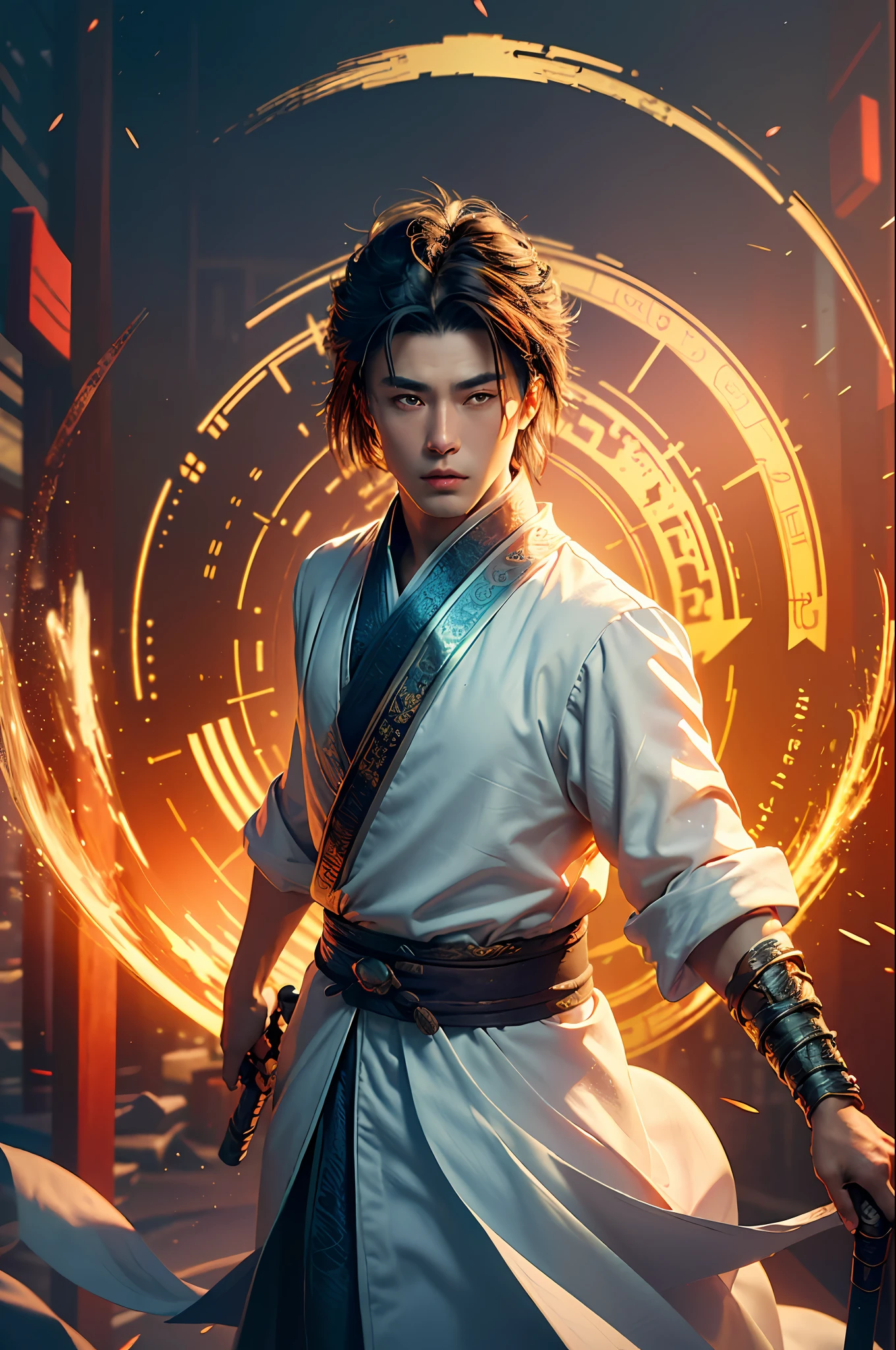 Best Quality, Masterpiece, Ultra High Resolution, (Realistic: 1.4), Xiuxian, Weapon, Detail Face, 1 Boy, Solo, Weapon, (Magic Circle: 1.2), Xiuxian, Upper Body, Beautiful Boy, ((((Varied Handsome)))), Full Body, East Asian Architecture, Sheath, Building,
