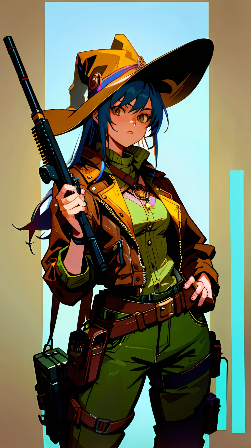 (1girl), a drawing of a woman holding a , post - apocalyptic cowgirl, western steampunk cyborg, the style of wlop, western gunnger, cyberpunk wild west, bounty hunter, female cowgirl, dystopian bounty hunter, beautiful cowboy witch, western comic style, trending on artstation pixiv, wlop rossdraws, steampunk beautiful anime woman, wild west background, female sheriff