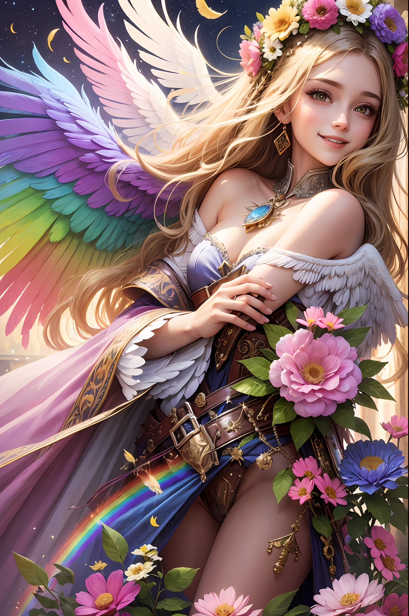 Always with angels, security, security, happiness, radiance, light, fantastic, flowers, rainbow, glitter, smile, feathers, heaven, heaven, medieval --auto --s2