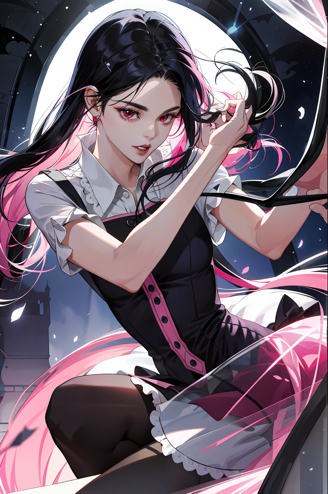 delicate and beautiful CG artwork),(best quality, ultra-detailed, high resolution),(dynamic angle, dynamic lighting),(2 character),(long blue black hair), red eyes, beautiful face),(black transparent stocking),(vampire) (long sideburns) BREAK (pink hair),(pink), (princess), transparent, wet
