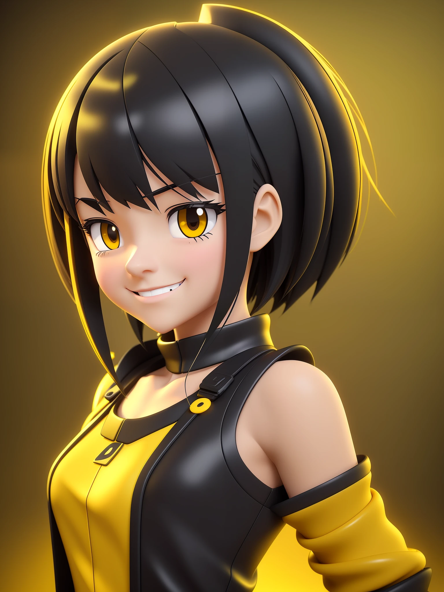 Young girl, a cartoon character dark yellow outfit, expression with ((melancholic smile)), (dark hair up to shoulder), yellow eyes, stylized character, animation character, stylized 3d render, 3d character, highly detailed character, stylized anime, stylized 3d, render character, character model, close up, maximum quality