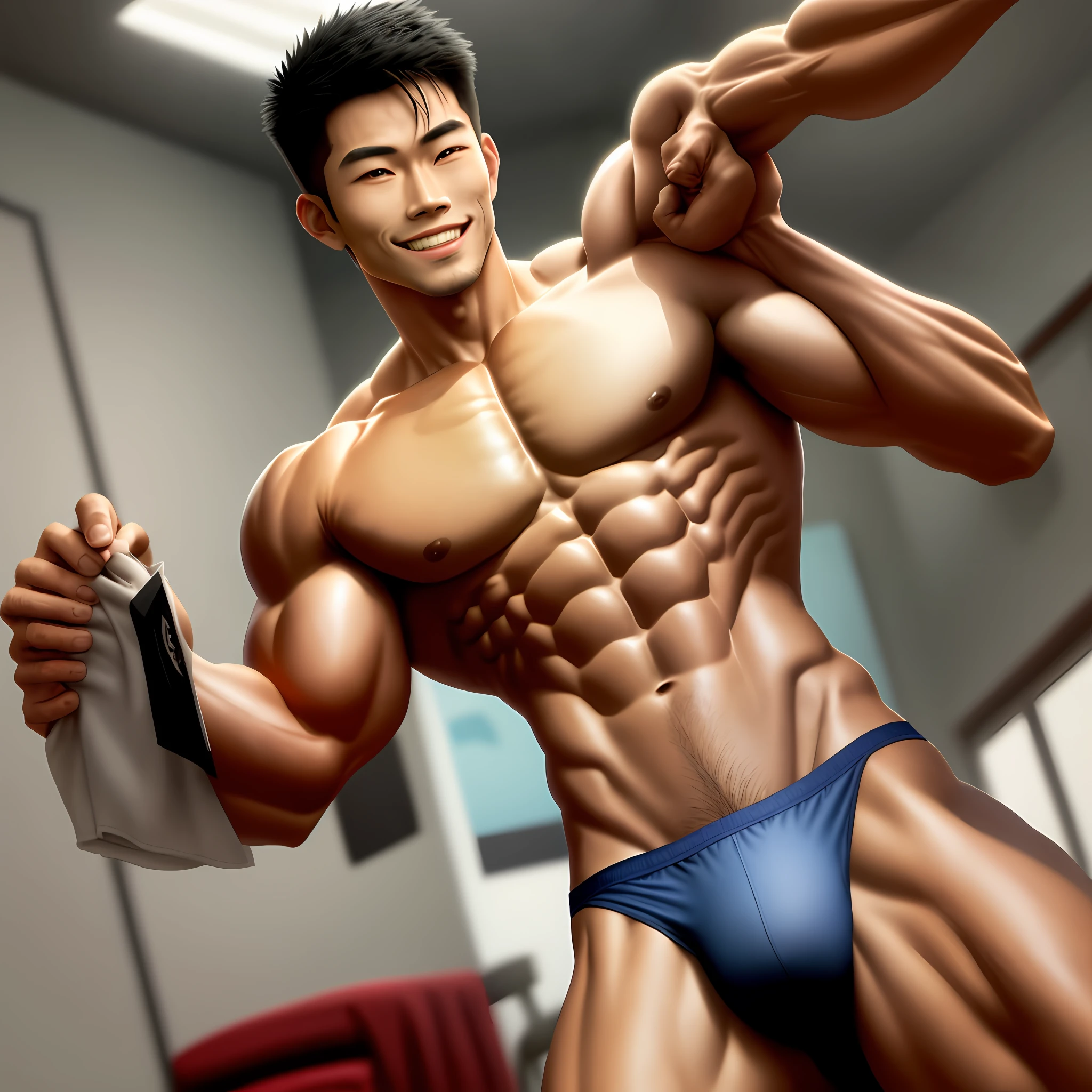 Hot realistic,muscular,asian guy wearing thongs with huge bulge very sexy smiling with legs spread out showing off bulge. Sexy body huge chest