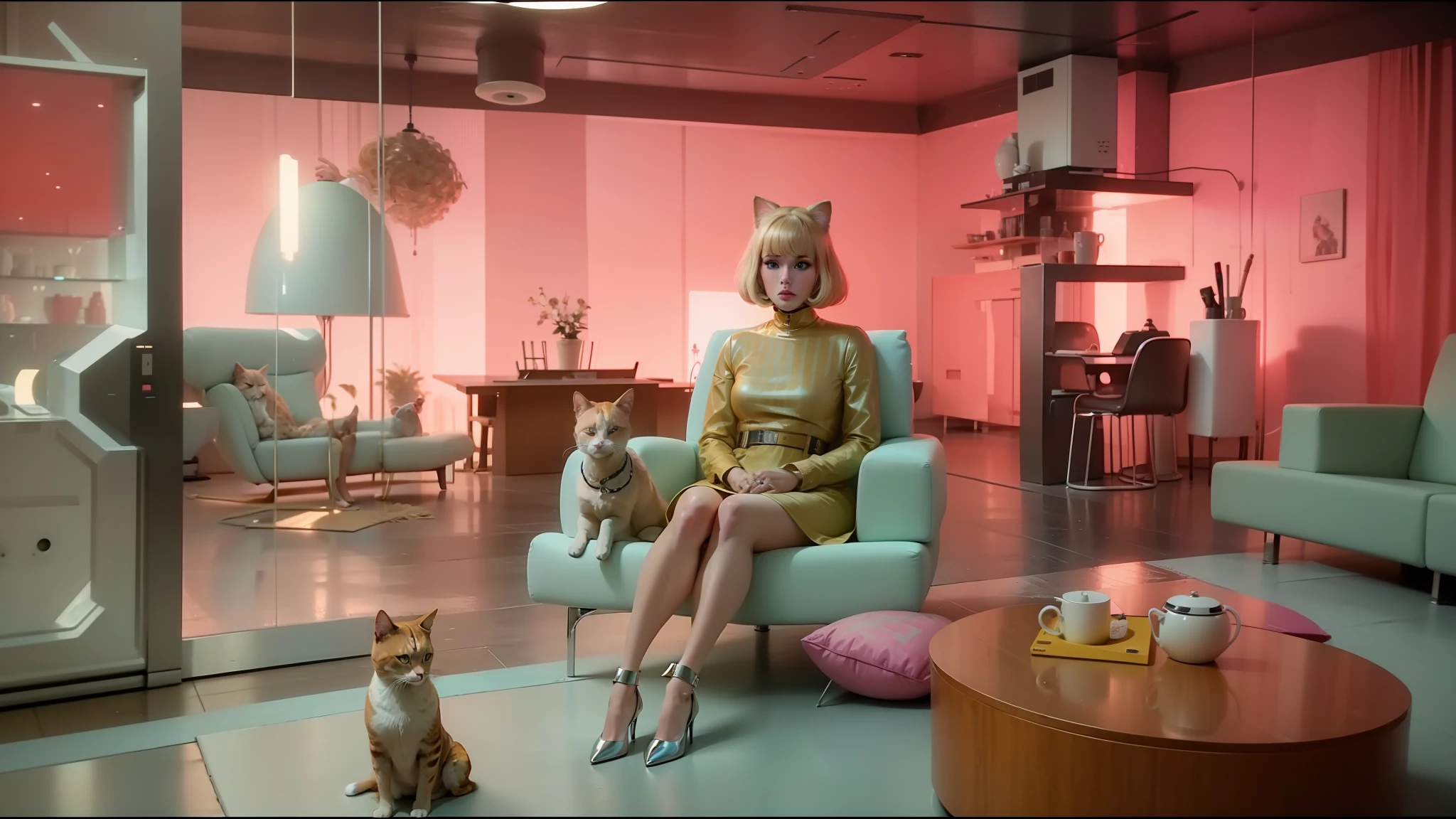 blond blond woman sitting in a chair with a dog in a living room, blade runner 2049 colors, with cats on her side, futuristic house, still from a music video, inspired by Hans Mertens, sixties, anthropomorphic female cat, bubblegum pop, feral scene, screengrab --auto --s2