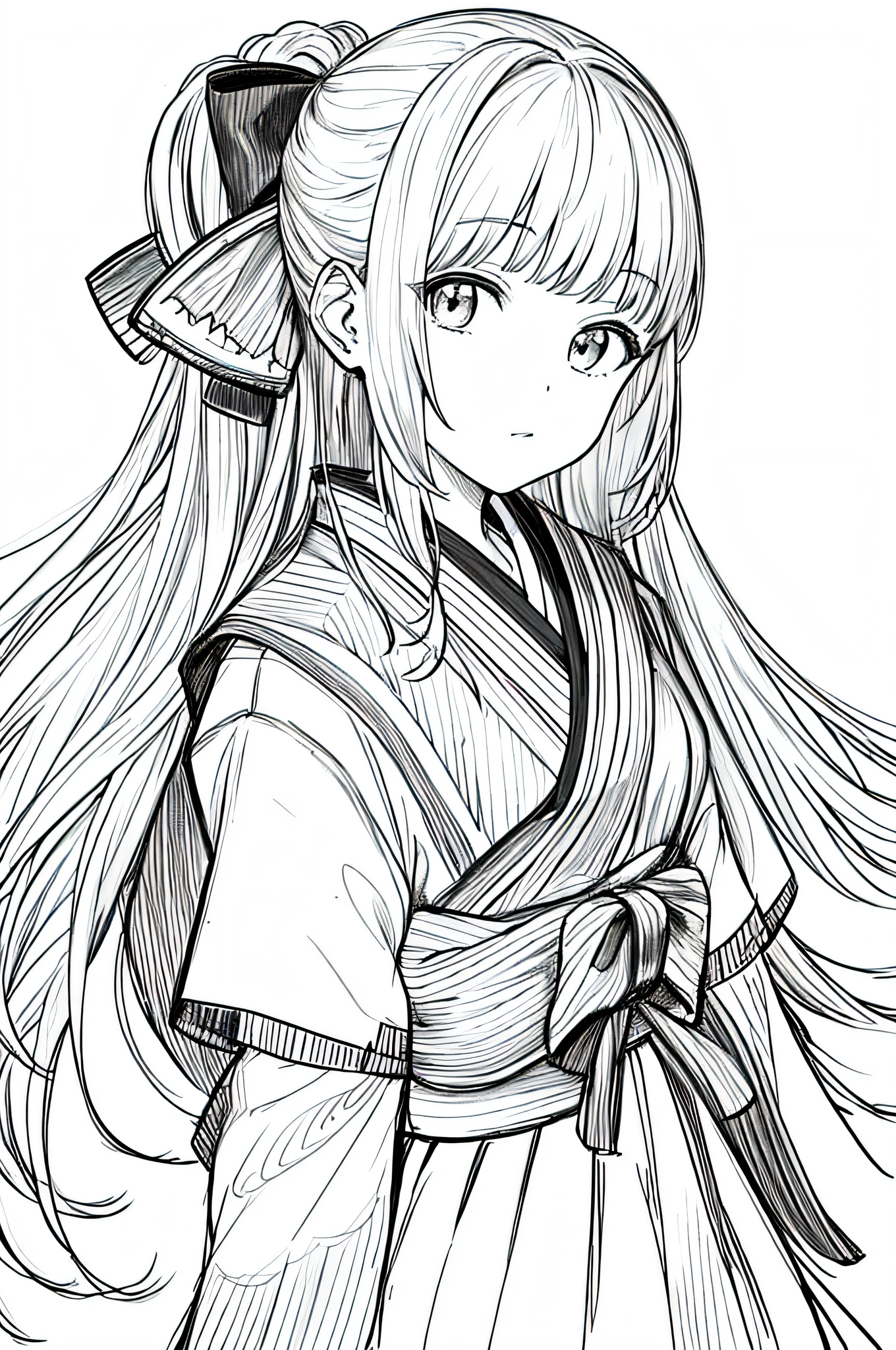 masterpiece, best quality, 1girl, solo, japanese clothes, bow-shaped hair, simple background, white background, monochrome, lineart, ((sketch))