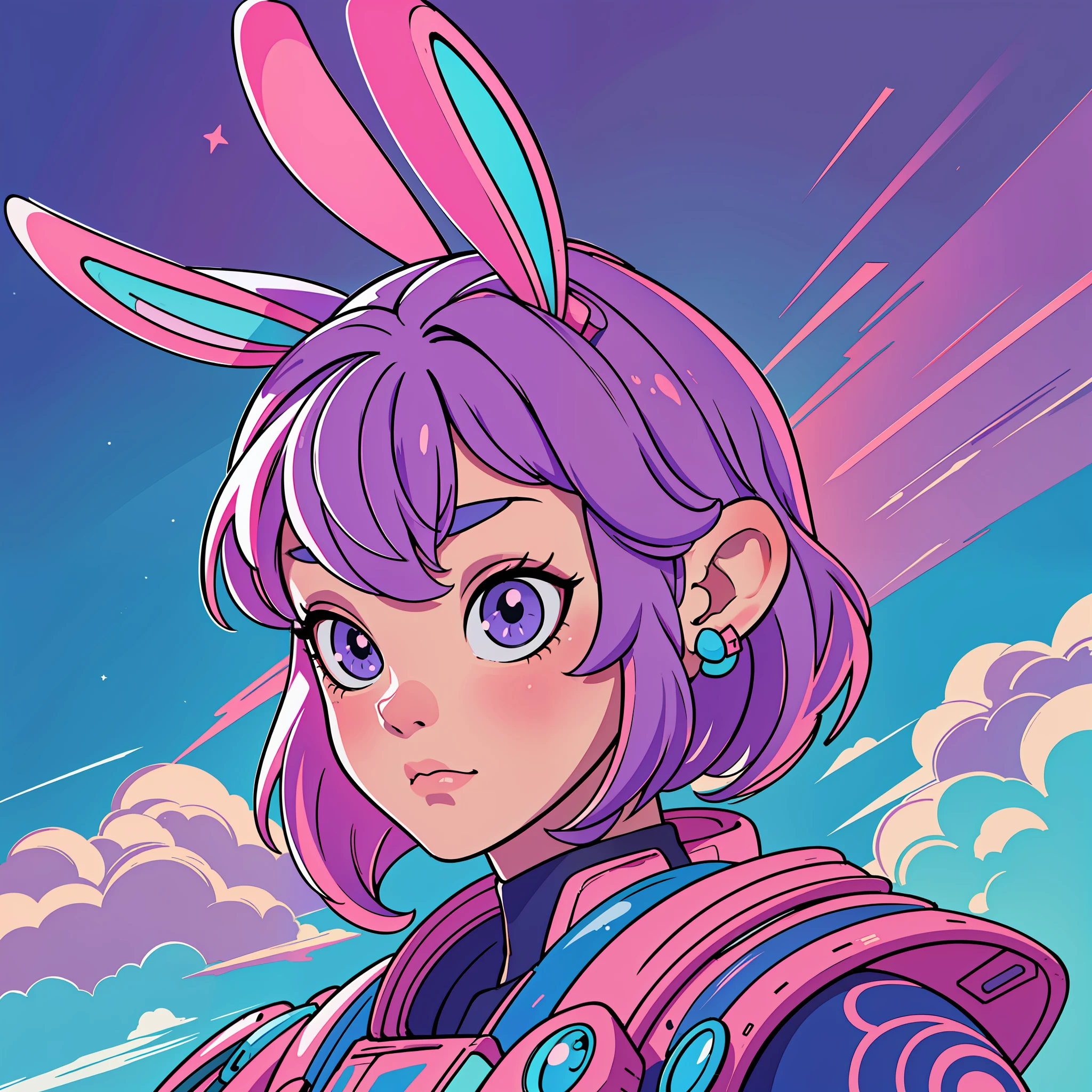Portrait of a charming rabbit living on the moon in mythology, odd-eyed, 最もかわいいアニメの女の子、beautiful eyeballs like a star, dreaming girl, 90s anime style, concept art, using only pastel color palette, Kawaii, retro-futuristic, night sky, darkness, moon, most beautiful images, 4K, anime art, simple backgroun