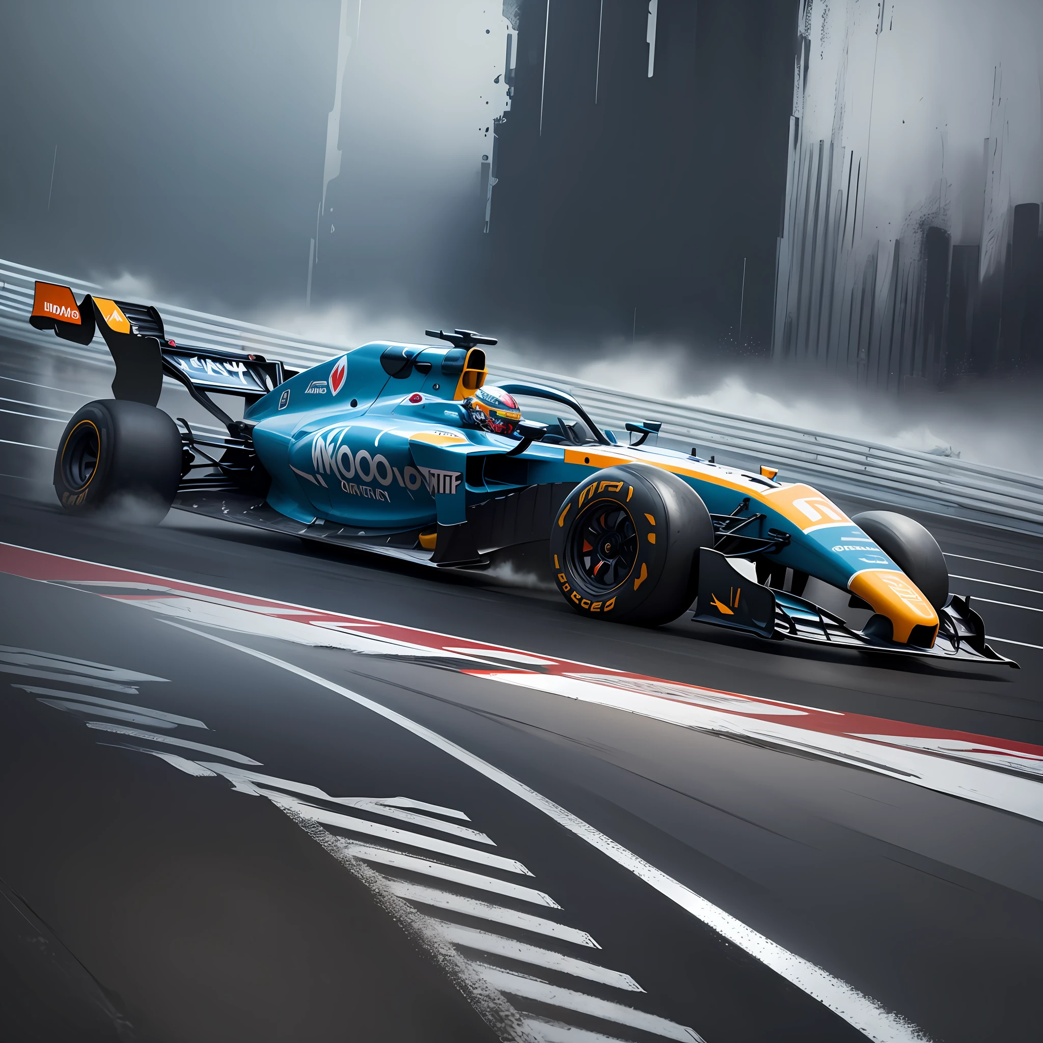 Your task is to create a megarealistic painting that is almost indistinguishable from a photograph of a Formula 1 car competing in a race in the rain. The car is a modern model, with aerodynamic lines and slick tires, and is at full speed on the track, leaving a trail of water behind it. The rain falls heavily, creating a slippery surface on the track and blurs on the camera lenses. The sky is overcast and dark, with lightning illuminating the landscape and thunder echoing in the background. The car is driven by a skilled driver, whose face is only visible behind the helmet visor. The paint should capture every detail of the scene, from the raindrops on the body to the cracks in the track. The overall atmosphere should be tense and exciting, with the feeling that the pilot is in an epic fight against the weather conditions. Be sure to use hyper-realistic painting techniques to create the illusion that the scene is a photograph. The end result should be a painting that leaves viewers wondering if they are looking at a photograph or a work of art. Good luck! --auto --s2