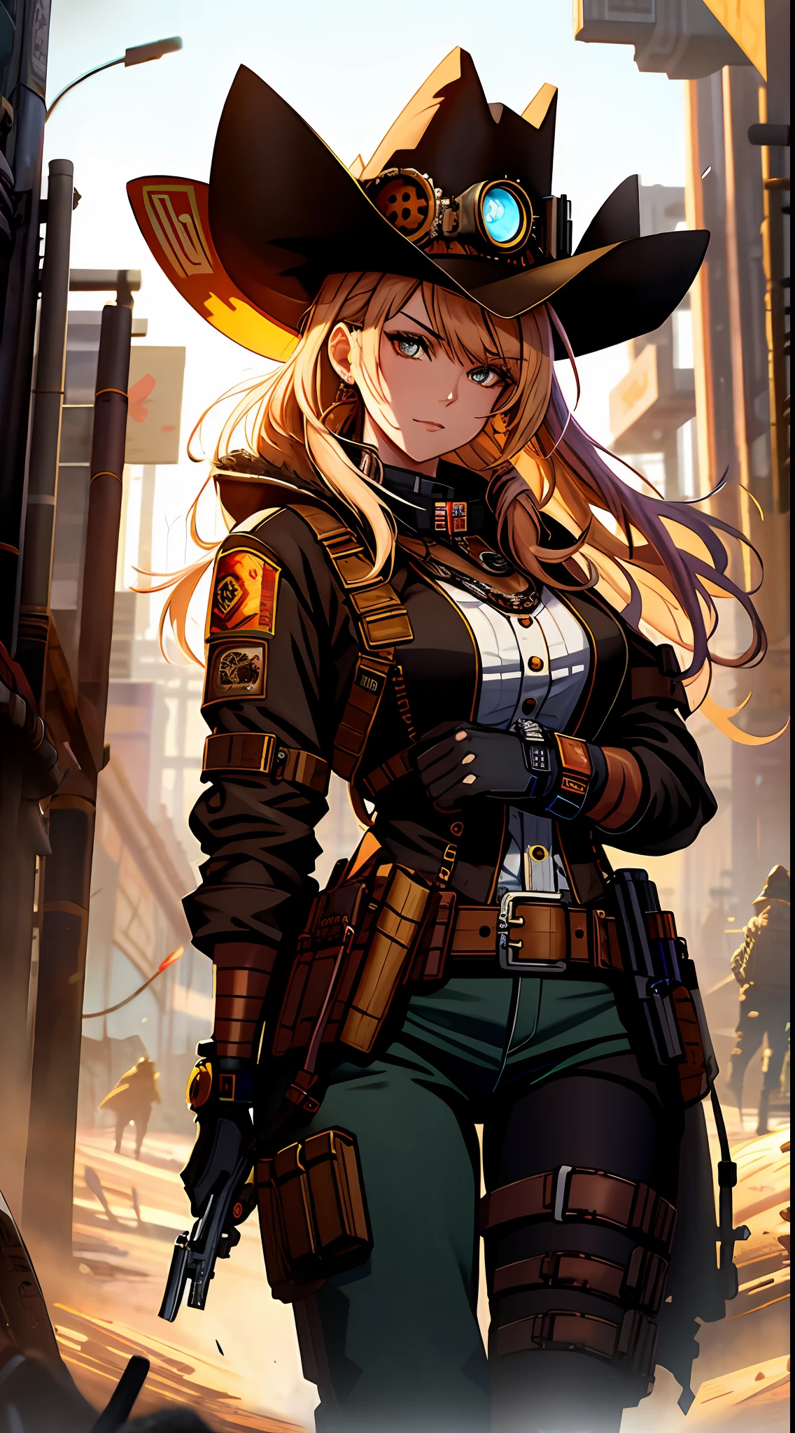 (1girl), a drawing of a woman holding a gun, post - apocalyptic cowgirl, western steampunk cyborg, the style of wlop, western gunslinger, cyberpunk wild west, bounty hunter, female cowgirl, dystopian bounty hunter, beautiful cowboy witch, western comic style, trending on artstation pixiv, wlop rossdraws, steampunk beautiful anime woman, wild west background, female sheriff