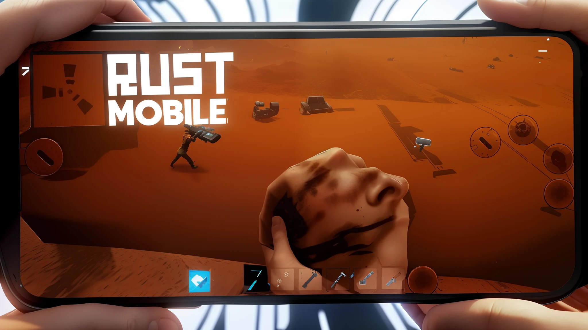 a close up of a person holding a cell phone with a video game on it, (rust), rust, ((rust)), a screenshot of a rusty, mobile game, some rust, mobile game asset, very rust, mobile still frame. 4k uhd, mobile, youtube thumbnail, just, mobile game style, playable trailer, mobile game art, in - game