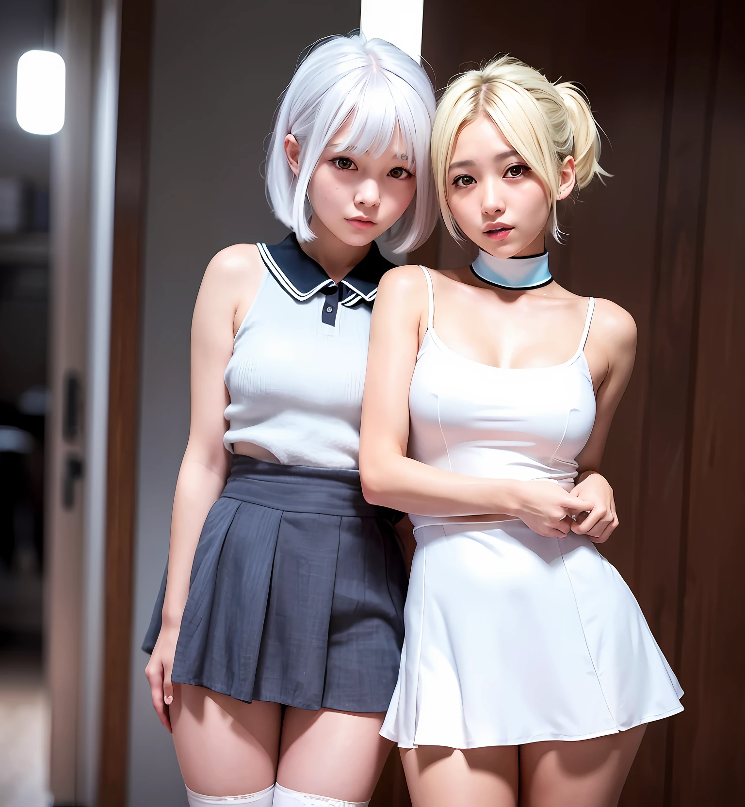 Two high school girls with Japan idol style are flipping up their skirts and showing cute panties in the changing room