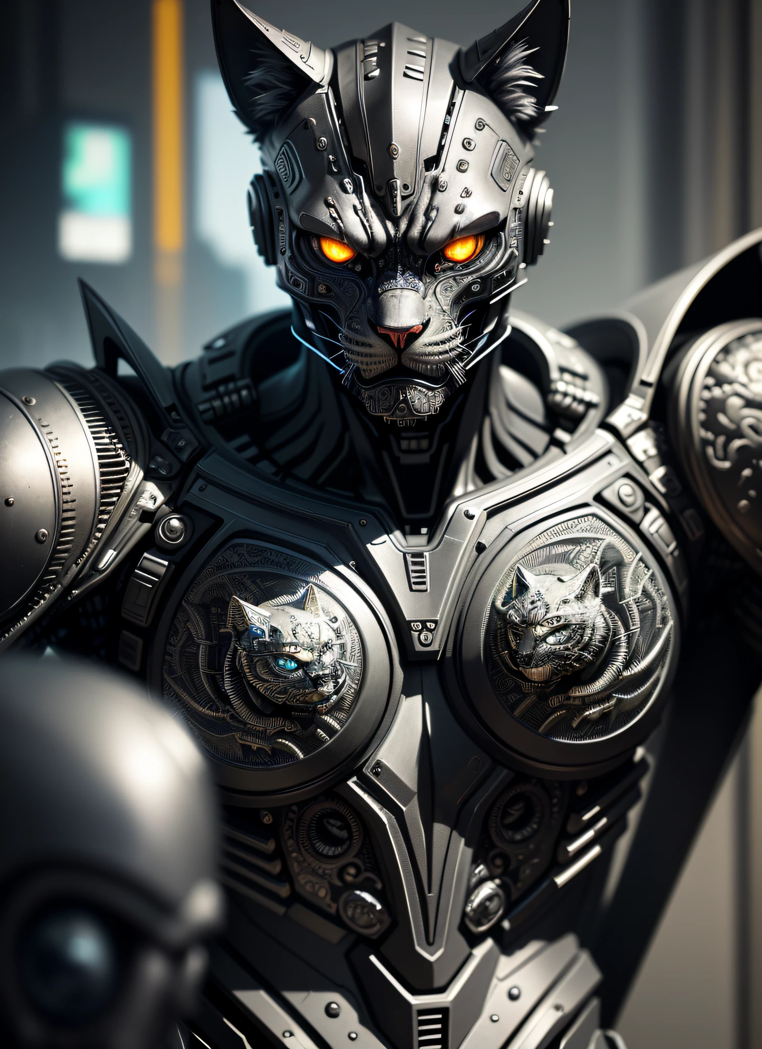 [feline terminator cyborg: 0.1] made of metal, cyborg, cyberpunk style, (((intricate details)), hdr, ((intricate details, hyperdetailed)), cinematic shot, vignette, pov, blurry foreground, close-up, masterpiece, super detail, best quality