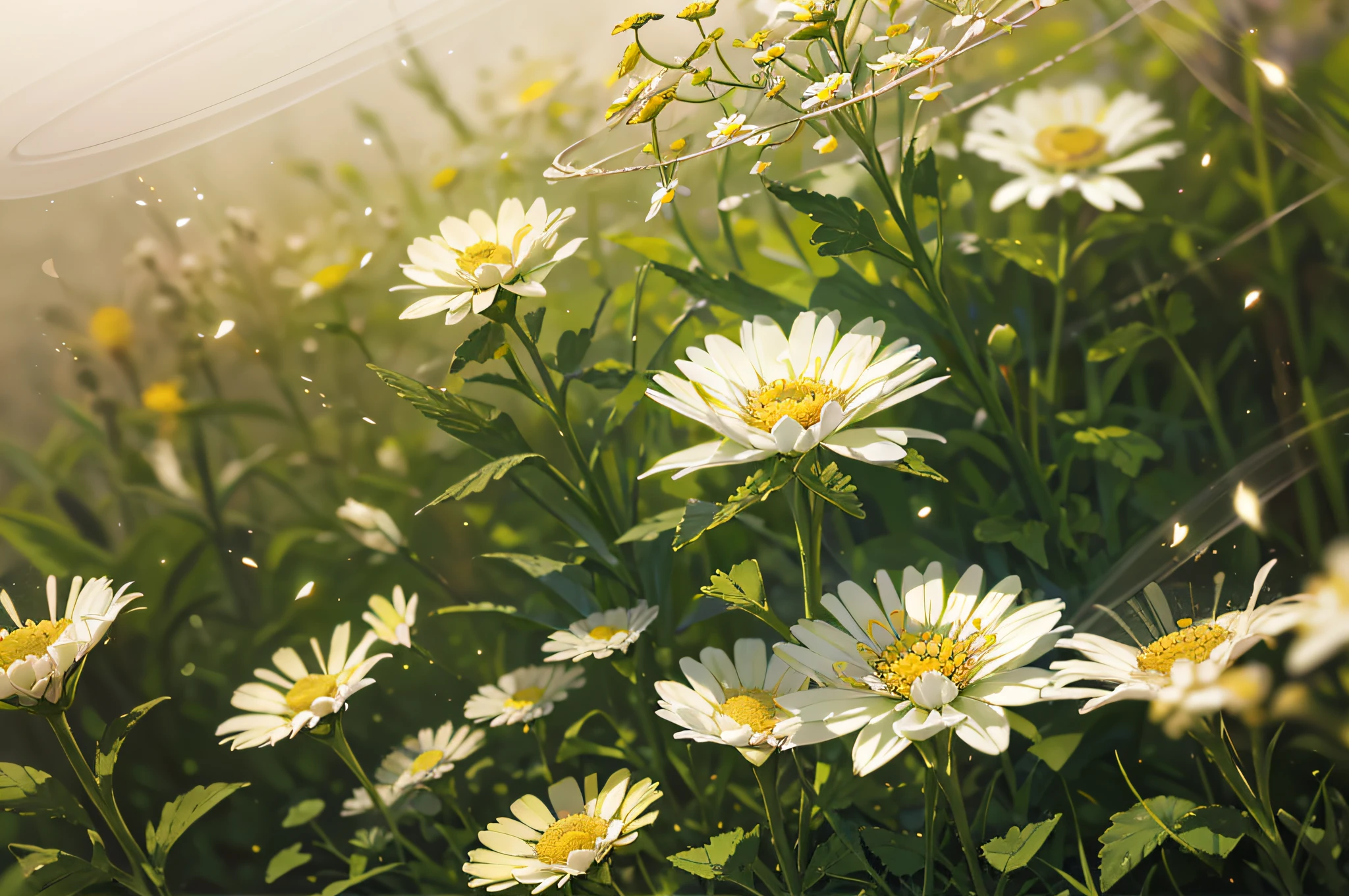 Beautiful wild chamomile flowers in nature outdoors with soft focus and bokeh. Floral summer spring background. AI generated. --auto --s2
