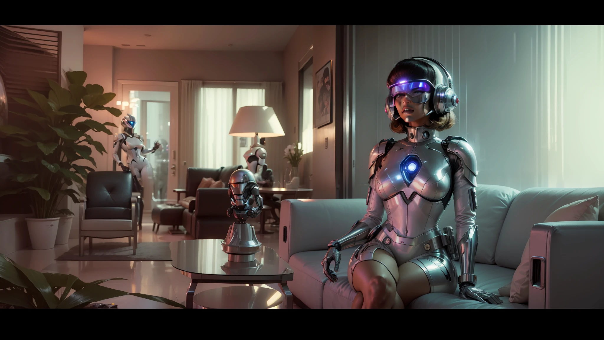 arafed woman sitting on a couch in a living room, movie still of a villain cyborg, 7 0's kitchen, white suit, hot pants, from the avengers (2012), still frame from a movie, portrait of daft punk, walking with a robot, thunderbirds, astral dress, motel, chrome parts, by Steven Campbell --auto --s2