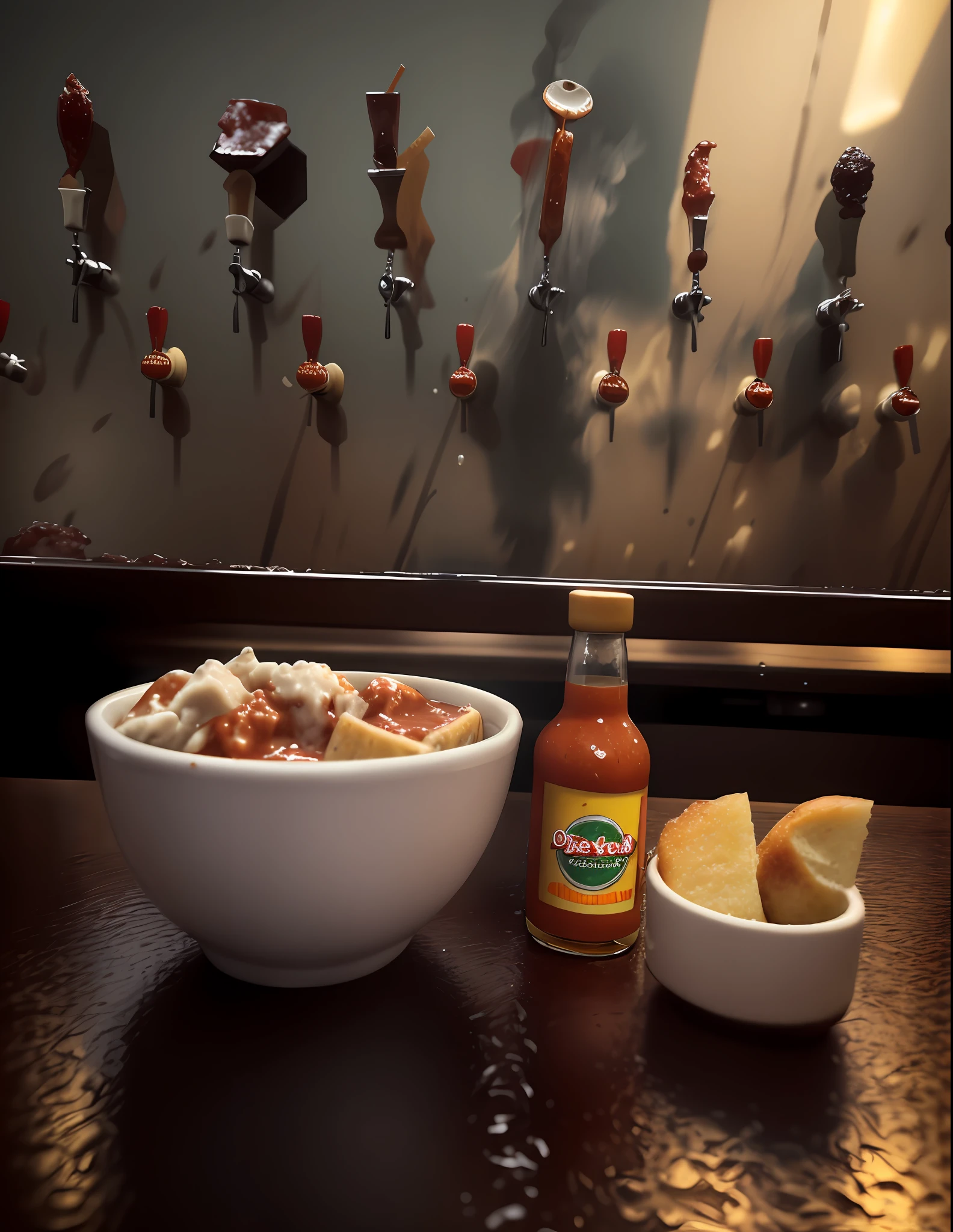 there is a bowl of food and a bowl of sauce on a counter, yummy, holding hot sauce, slightly blurred, by Matt Cavotta, drink, commercial photo, thumbnail, commercial shot, buzzed sides, 1614572159, background bar, eye level shot, 4 0 9 6, drinking at the bar, bar in background
