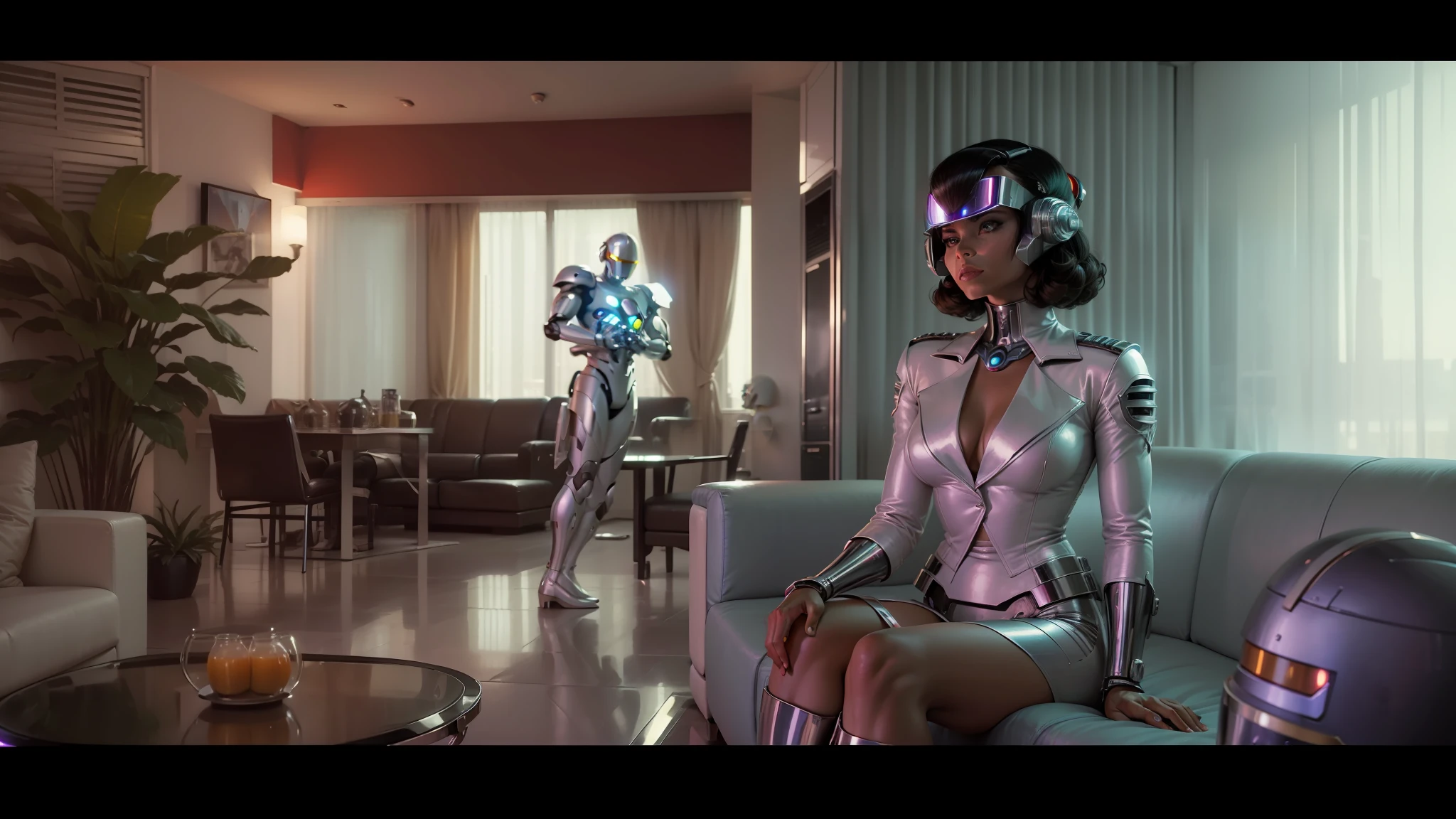 arafed woman sitting on a couch in a living room, movie still of a villain cyborg, 7 0's kitchen, white suit, hot pants, from the avengers (2012), still frame from a movie, portrait of daft punk, walking with a robot, thunderbirds, astral dress, motel, chrome parts, by Steven Campbell --auto --s2