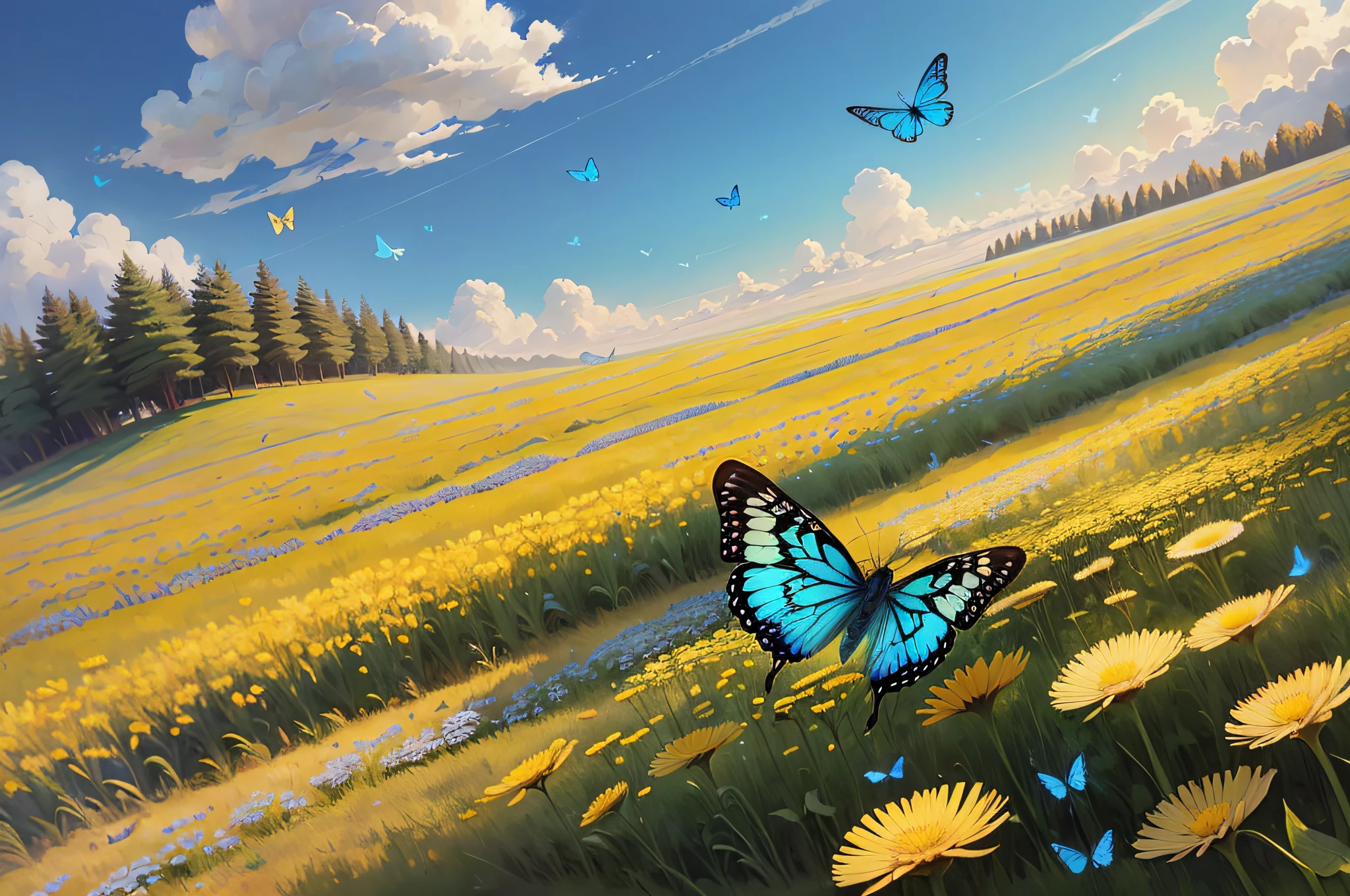 araffe flying over a field of dandelions with a blue butterfly, flowers and butterflies, bright sunny summer day, meadow background, beautiful nature, beautiful sunny day, natural background, beautiful natural background, butterflies floating in the sky, harmony of butterfly, nature background, canvas print, butterflies flying, butterfly, meadow with flowers, summer meadow, bright summer day --auto --s2