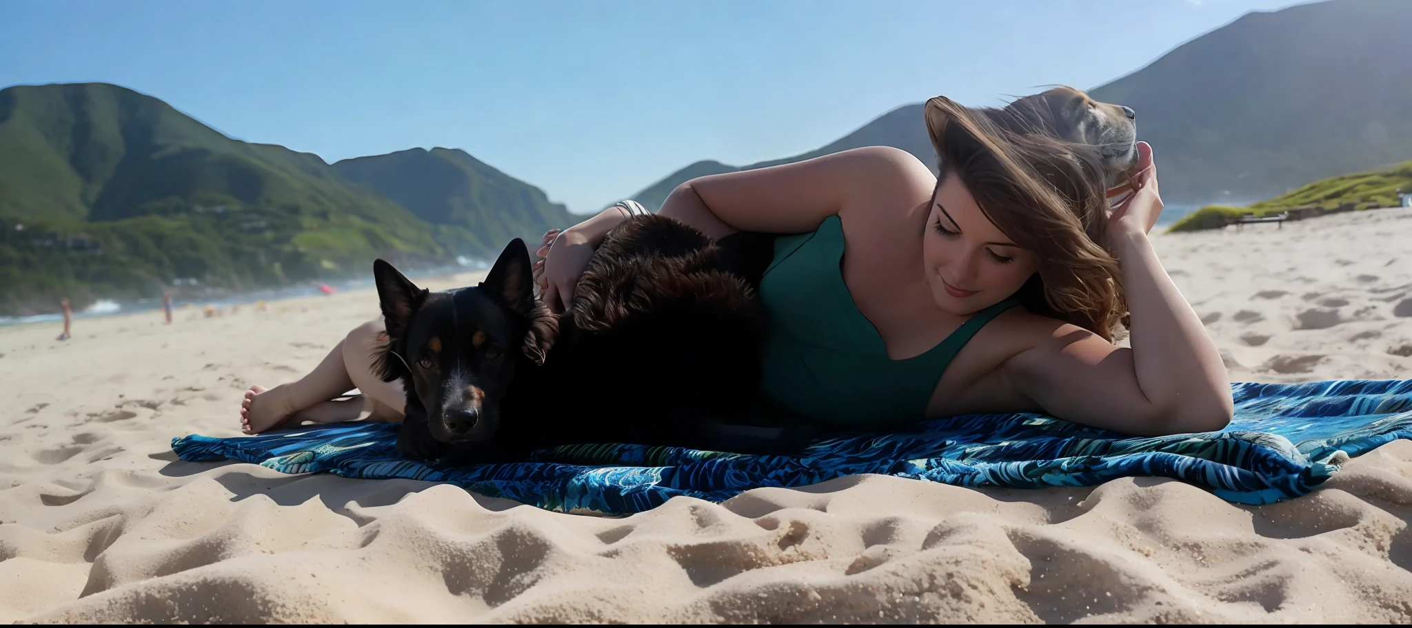 woman laying on a towel with a dog on a beach, laying on a beach, laying on beach, laying on sand, relaxing on the beach, relaxing at the beach, having fun in the sun, profile image, sunbathing at the beach, profile pic, it's is relaxing on a beach, on the beach at noonday, posing on a beach with the ocean