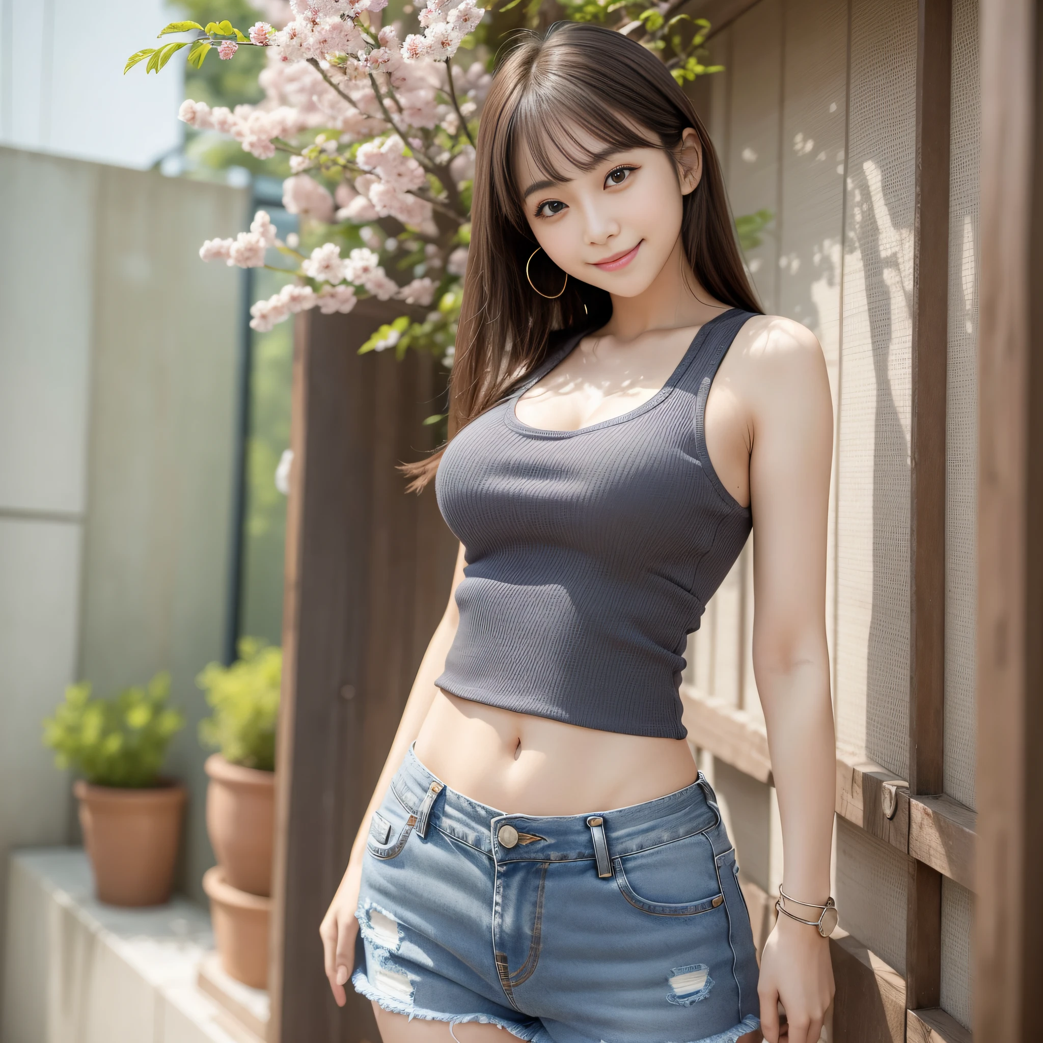 Araf woman in gray tank top and denim shorts posing for photo, Sakura Miyawaki, photo of slim girl model, Japan female fashion model, female model, fashion model, thin waist, standing figure, frontal, smiling, beautiful breasts, long hair,
