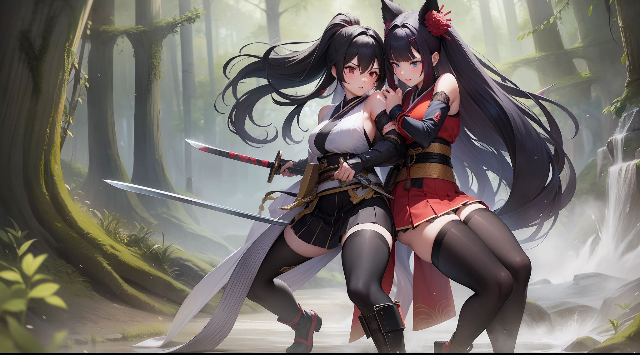 Full body shot of two females locked in an intense battle, wielding swords with deadly intent. Their long loose hairstyles whip around them as they clash in traditional sleeveless kimonos, cinched at the back hip by striking obis. The fighters are adorned with black long gloves and pleated skirts, as black thigh highs hug their two legs. The battle takes place in a dense and lush forest.