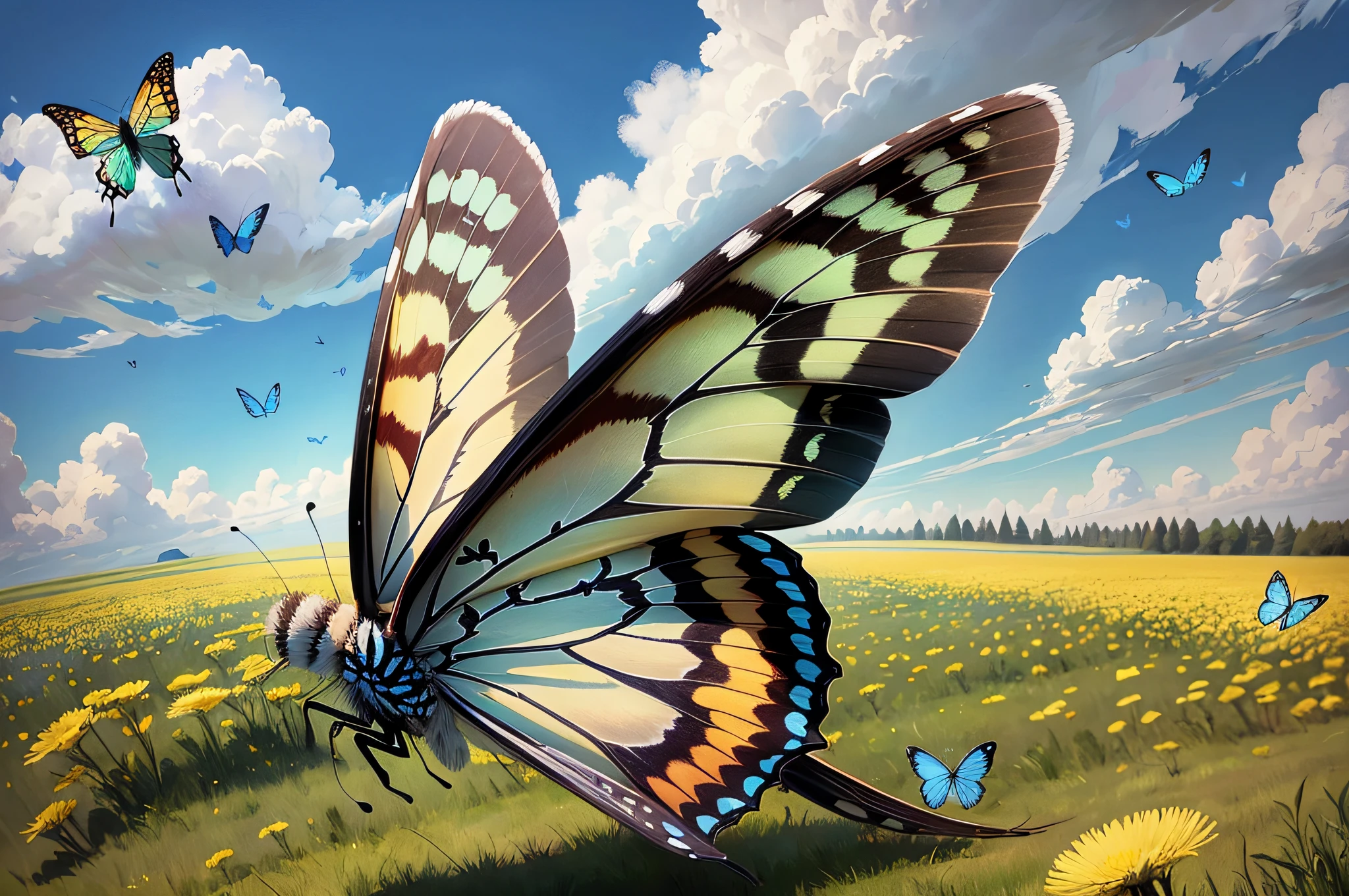 araffe flying over a field of dandelions with a blue butterfly, flowers and butterflies, bright sunny summer day, meadow background, beautiful nature, beautiful sunny day, natural background, beautiful natural background, butterflies floating in the sky, harmony of butterfly, nature background, canvas print, butterflies flying, butterfly, meadow with flowers, summer meadow, bright summer day --auto --s2
