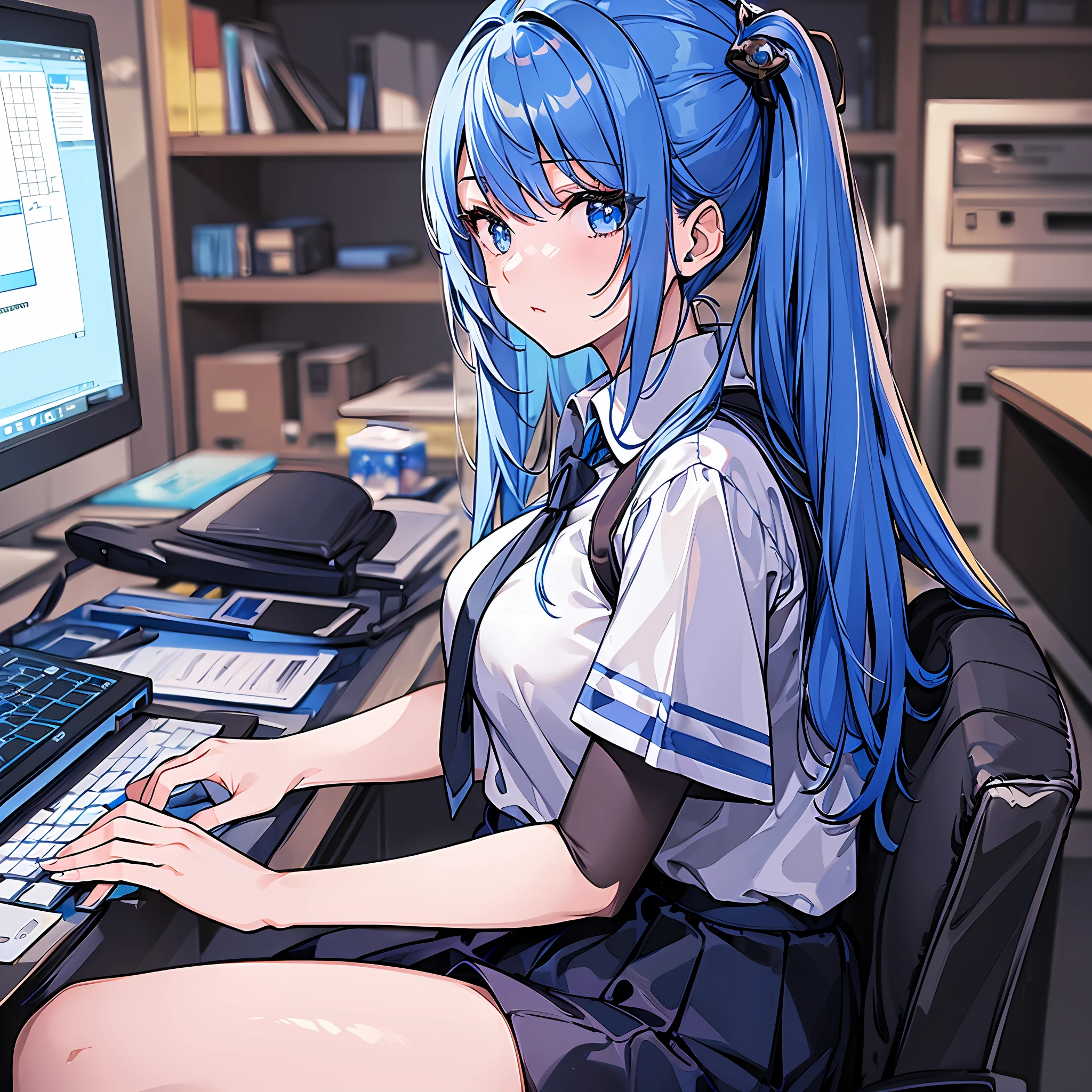 ((masterpiece)),(best quality),(detailed),(1girl),blue hair, blue glowing eyes, white shirt, black skirt, sitting on a computer server