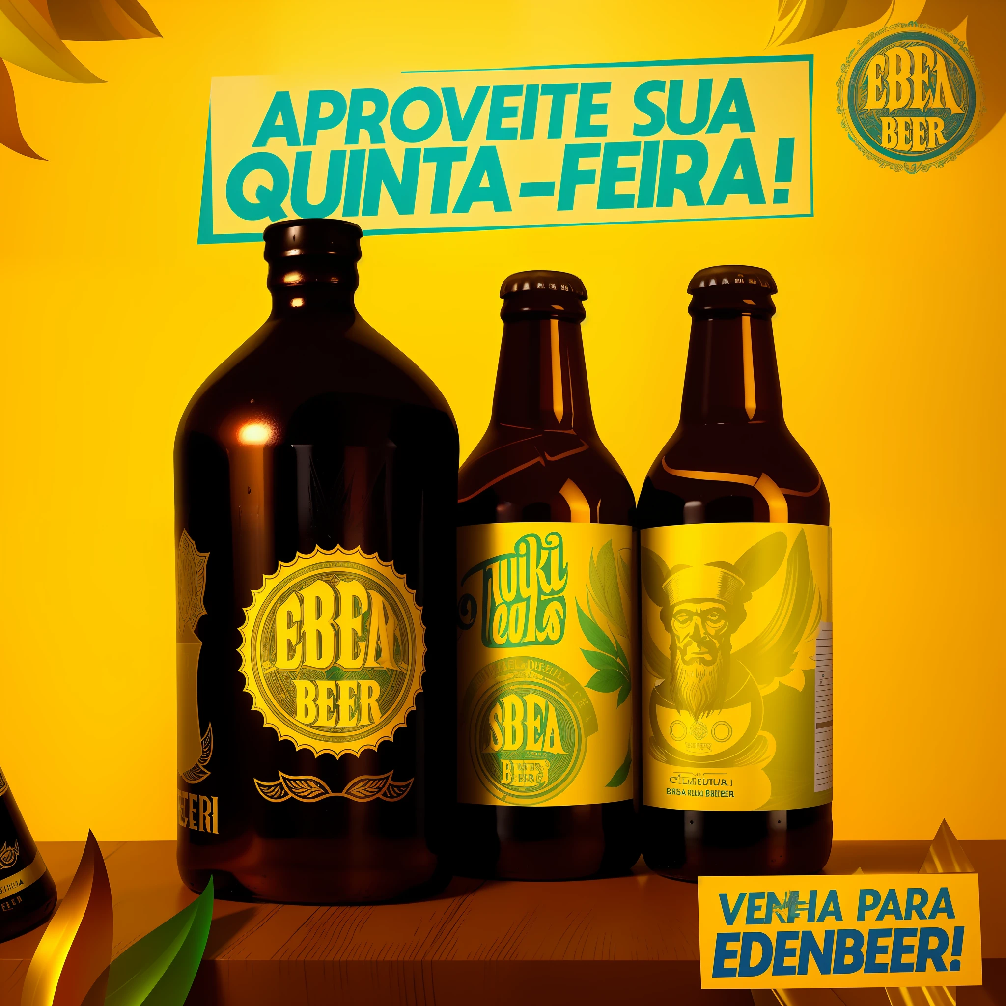 three bottles of beer are sitting on a table with a yellow background, edu souza, eterea, beer, by Tuvia Beeri, by Ceferí Olivé, ad image, pack, 🎨🖌️, by Caesar Andrade Faini, scoia'tael), fetid, rocha, adreas rocha
